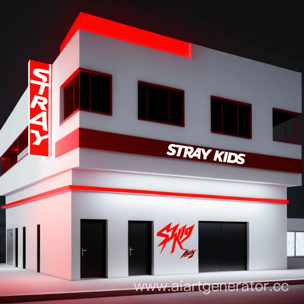здание выполнено в бело-красном  цвете с названием  "STRAY KIDS" со светящимися буквами
