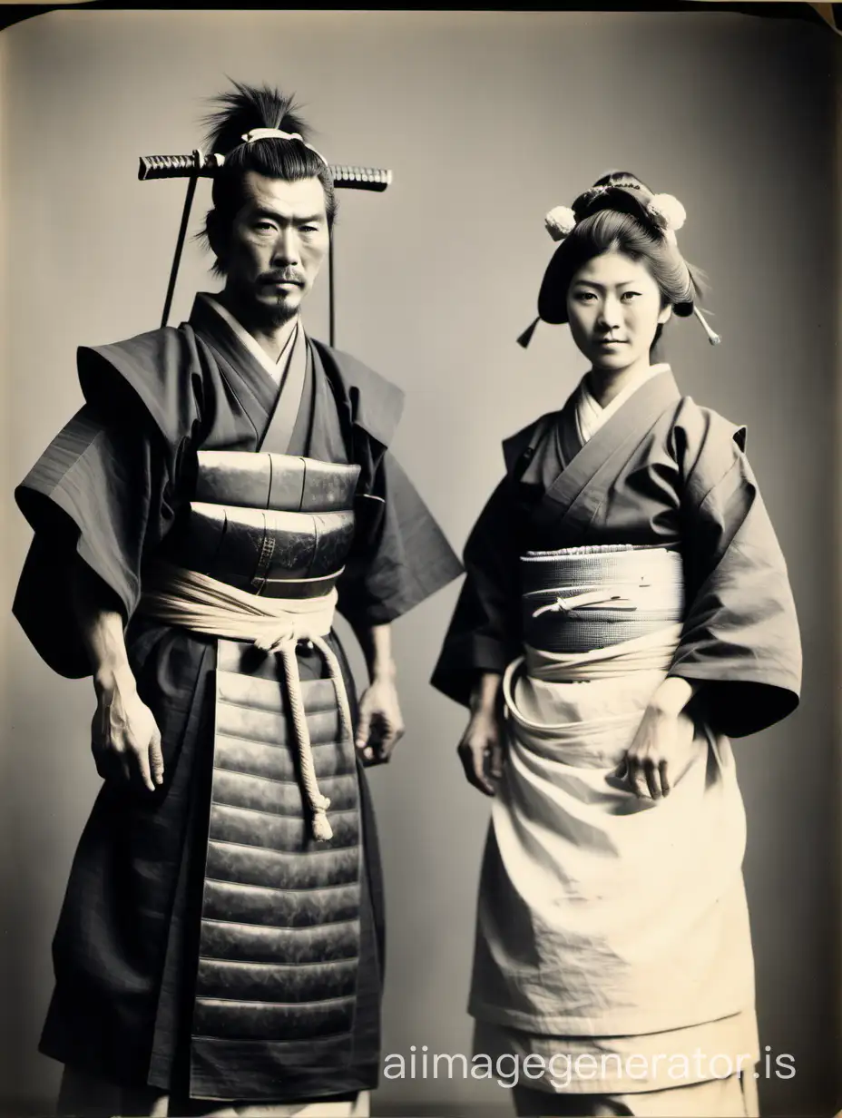 an old monochrome photo of two japanese samurai and ninja dressed  feminine housemaid costume pausing happiness gesture