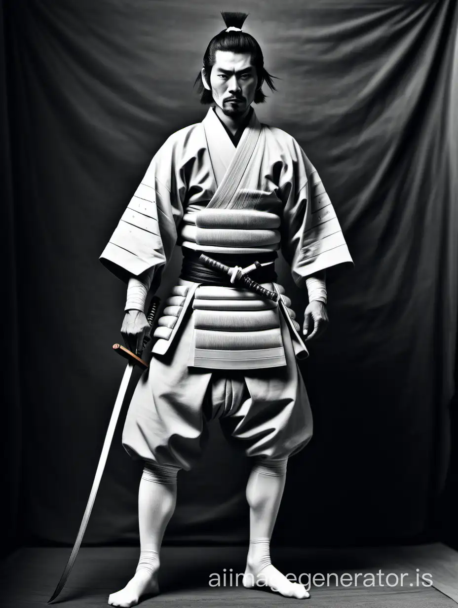 an old monochrome photo of a samurai dressed white full-body tights cool face