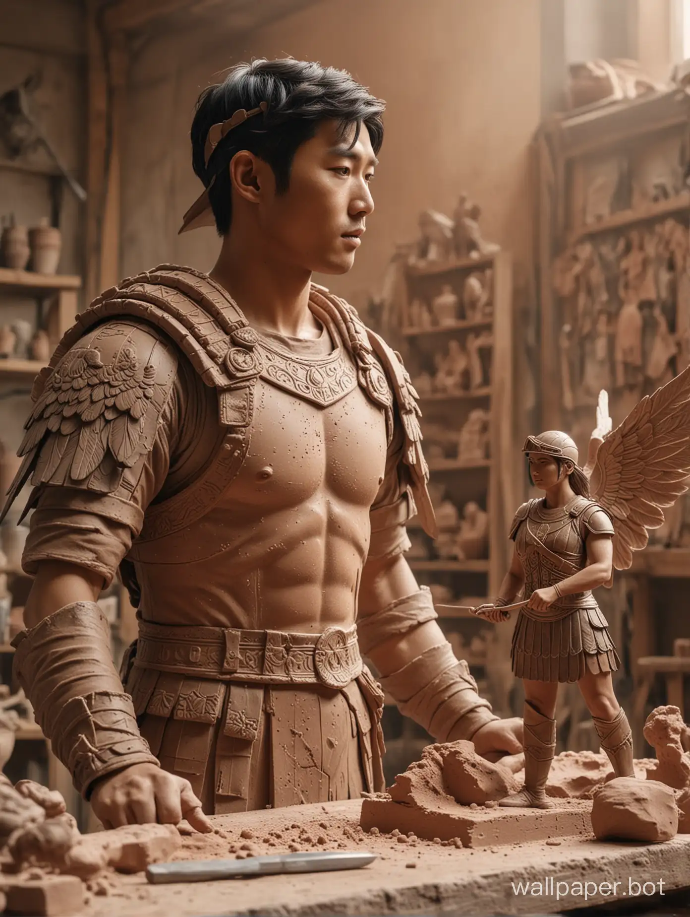 imagine a scene of 25 year old asian male  wearing a helmet with wings and roman soldier armor. He is  sculpting a clay figurine of a woman in a workshop.  cinematic, use creative, unrealistic, and explosive pastel colors to fill the background