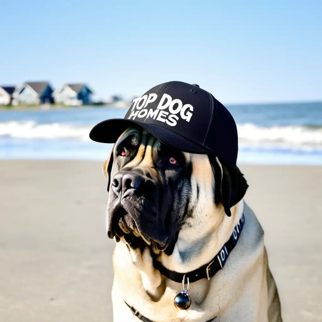Fashionable English Mastiff with TOP DOG Ball Cap against Coastal Backdrop