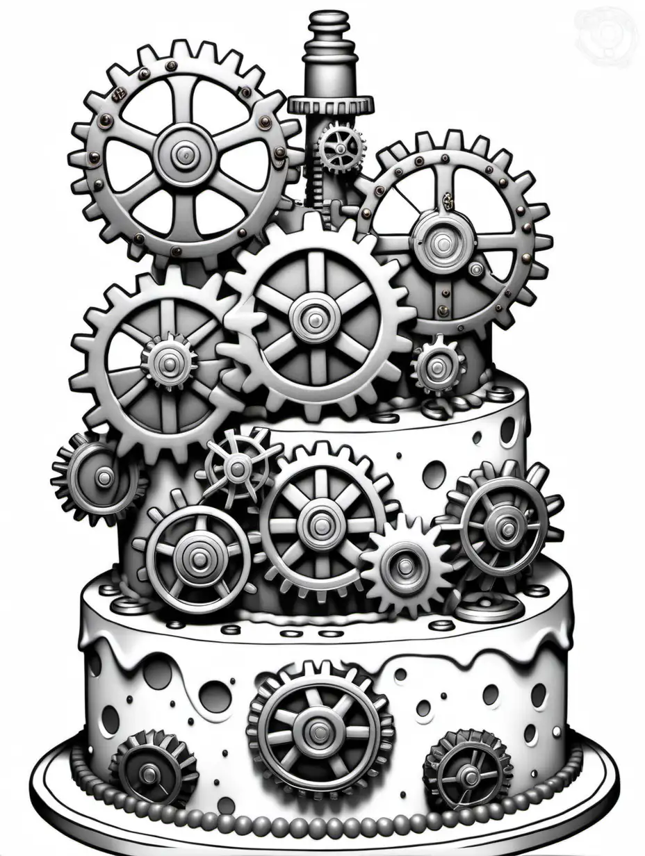 Colouring page style cake,Combine white gears, cogs with black outline, no grey, create on all white cake, black outline with a steampunk aesthetic, white background ,no shading, colouring book