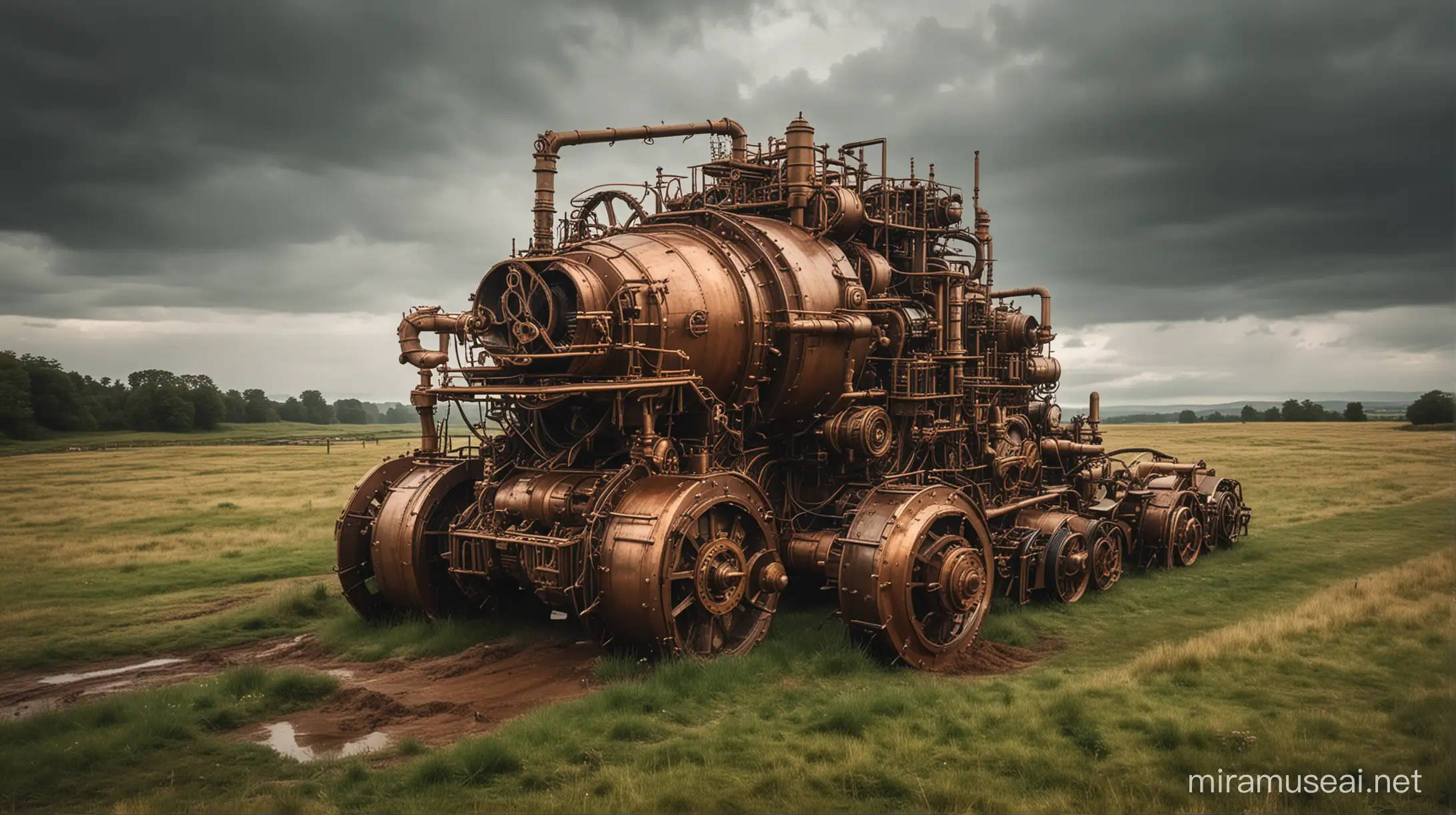 very big steampunk machine makes a deep excavation on a meadow, machine made of copper, steel and brass, cloudy and rainy