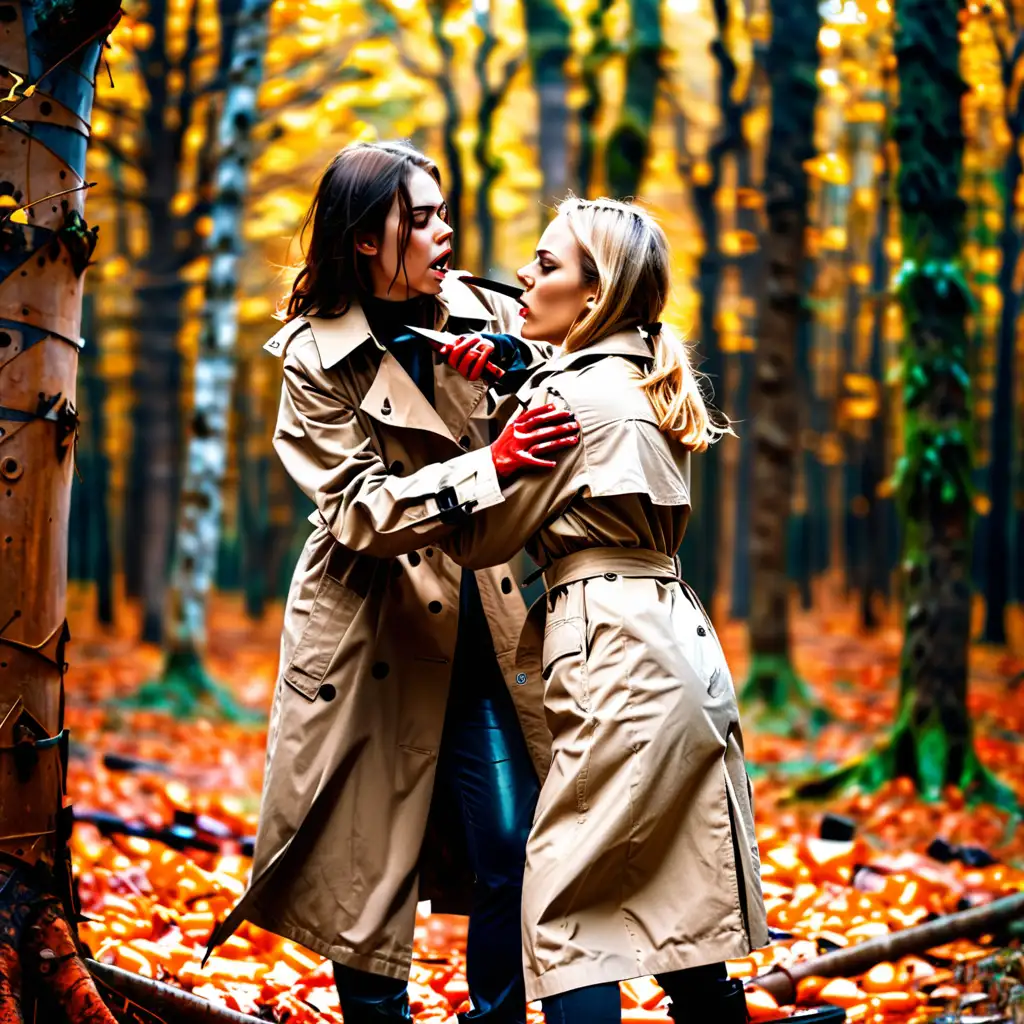 young woman stabbing another young woman in trench coat with a knife in chest at heart in autumn forest