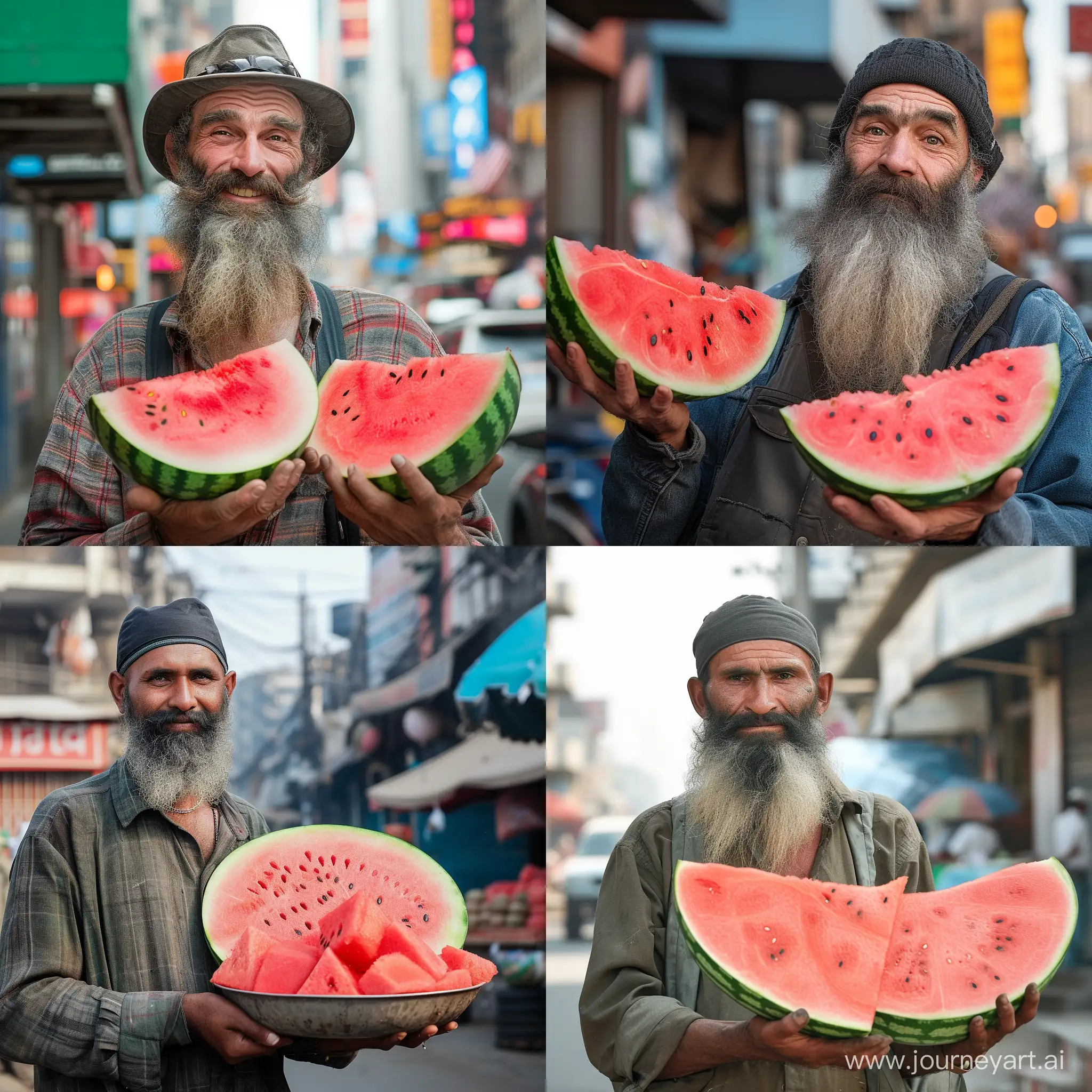 Realistic image of a bearded man in the city selling watermelon --v 6 --ar 1:1 --no 66016