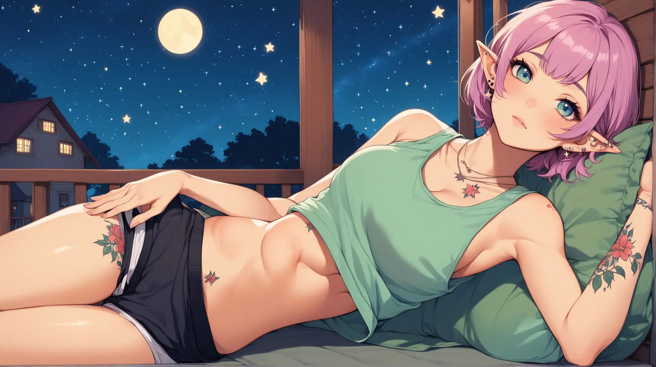 sexy lofi elf laying on couch on her porch, tank top, exposed midriff, short chin length hair, tattoos, piercings, stars in the sky, enchanted