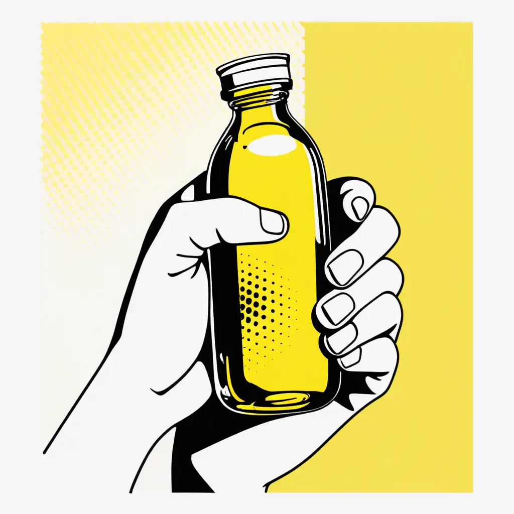 anime adult woman hand grabbing small bottle posterized halftone yellow black white 3 color minimal design