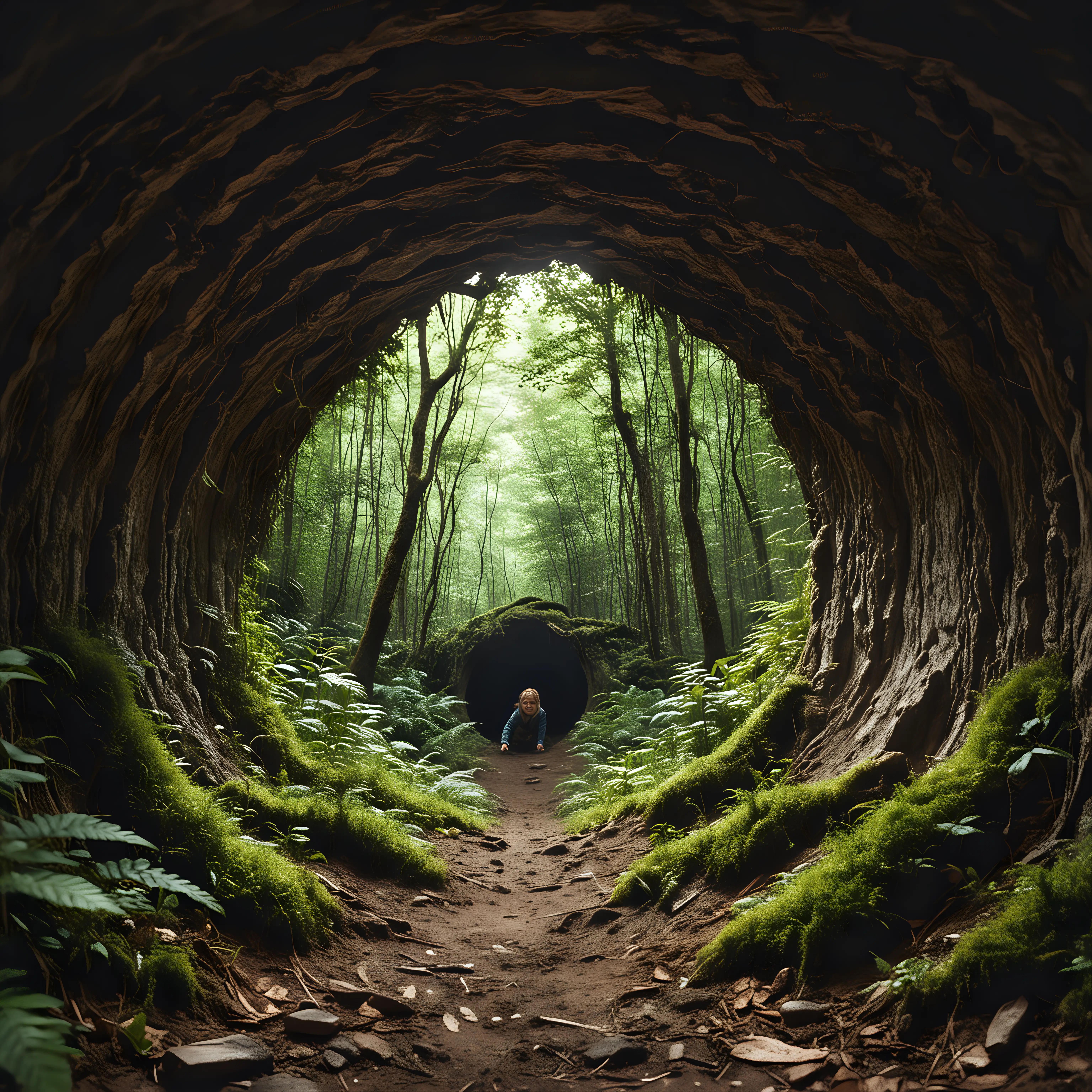 The view seen by a child who has crawled into a hollow space and is peering through a hole, seeing a fantasy forest