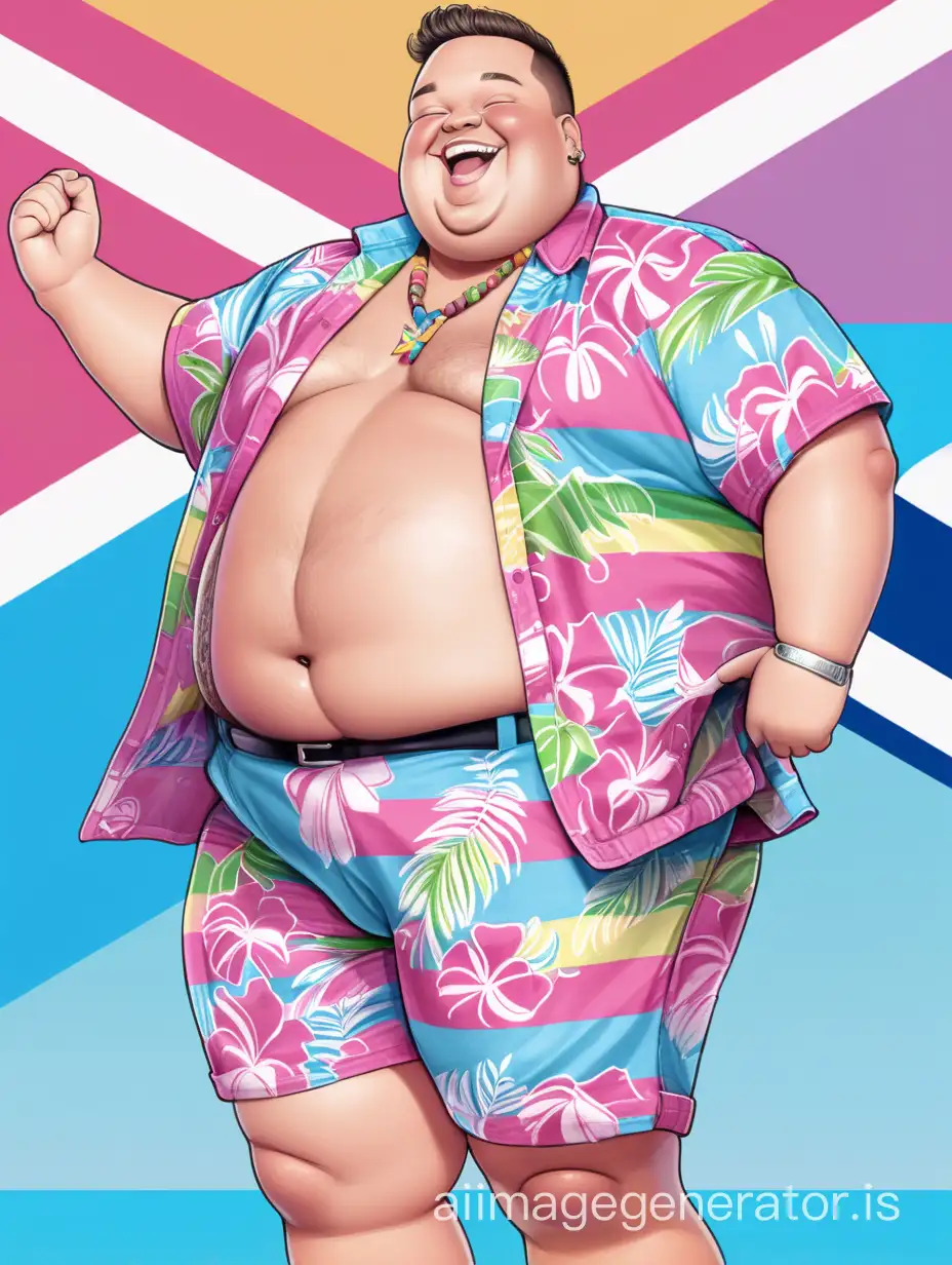  very happy fat transgender man in shorts and hawaiian shirt holding a trans pride flag 