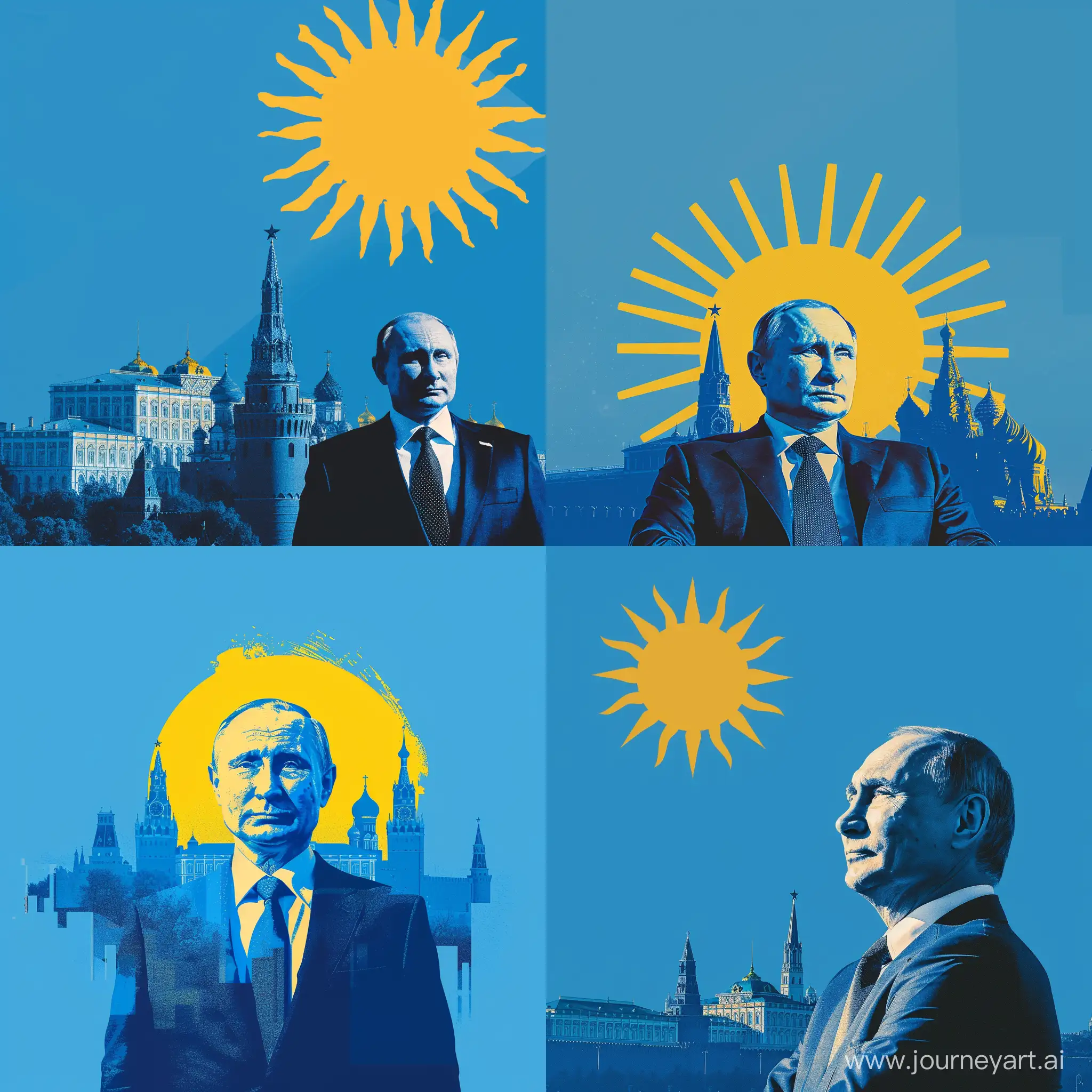 A picture of Putin with the Kremlin and Moscow behind him in blue and the sun yellow