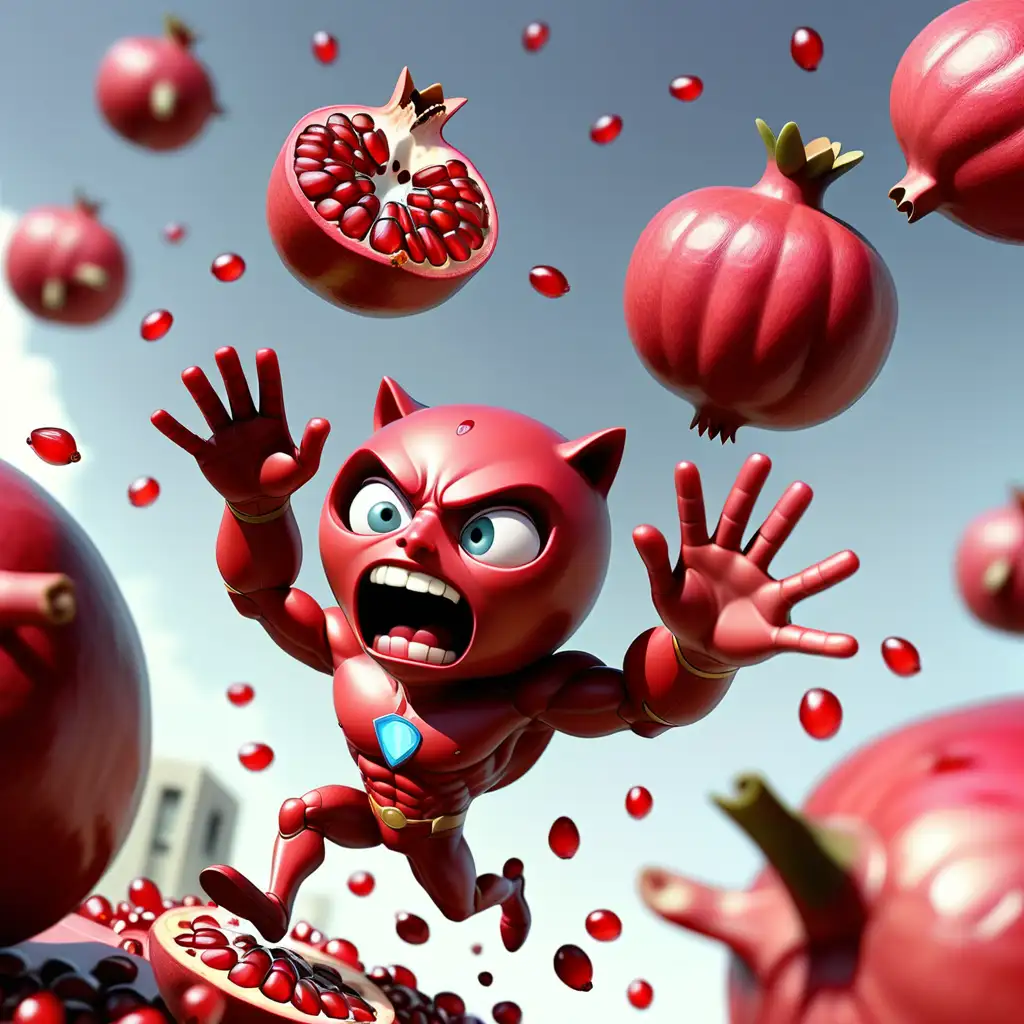 a pomegranate superhero flying a shooting pomegranate seeds at cells that are trying to attack