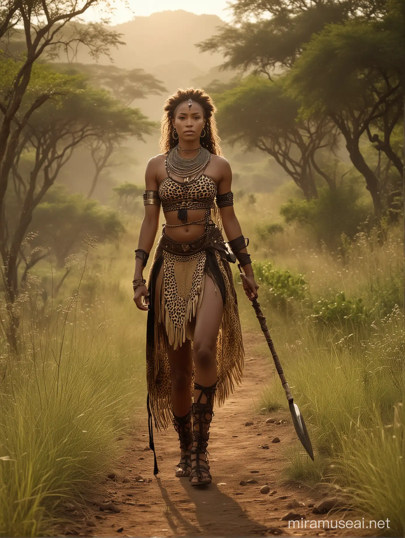 the native beautiful african lightskin , 1800s woman zulu warrior whith spear and long ovale shield is walking in the African green landscape 
, in the style of light brown and dark black, fashwave, mesoamerican leopard influences, candid celebrity shots, uhd image, body extensions, natural beauty --ar 69:128 --s 750 --v 5. 2