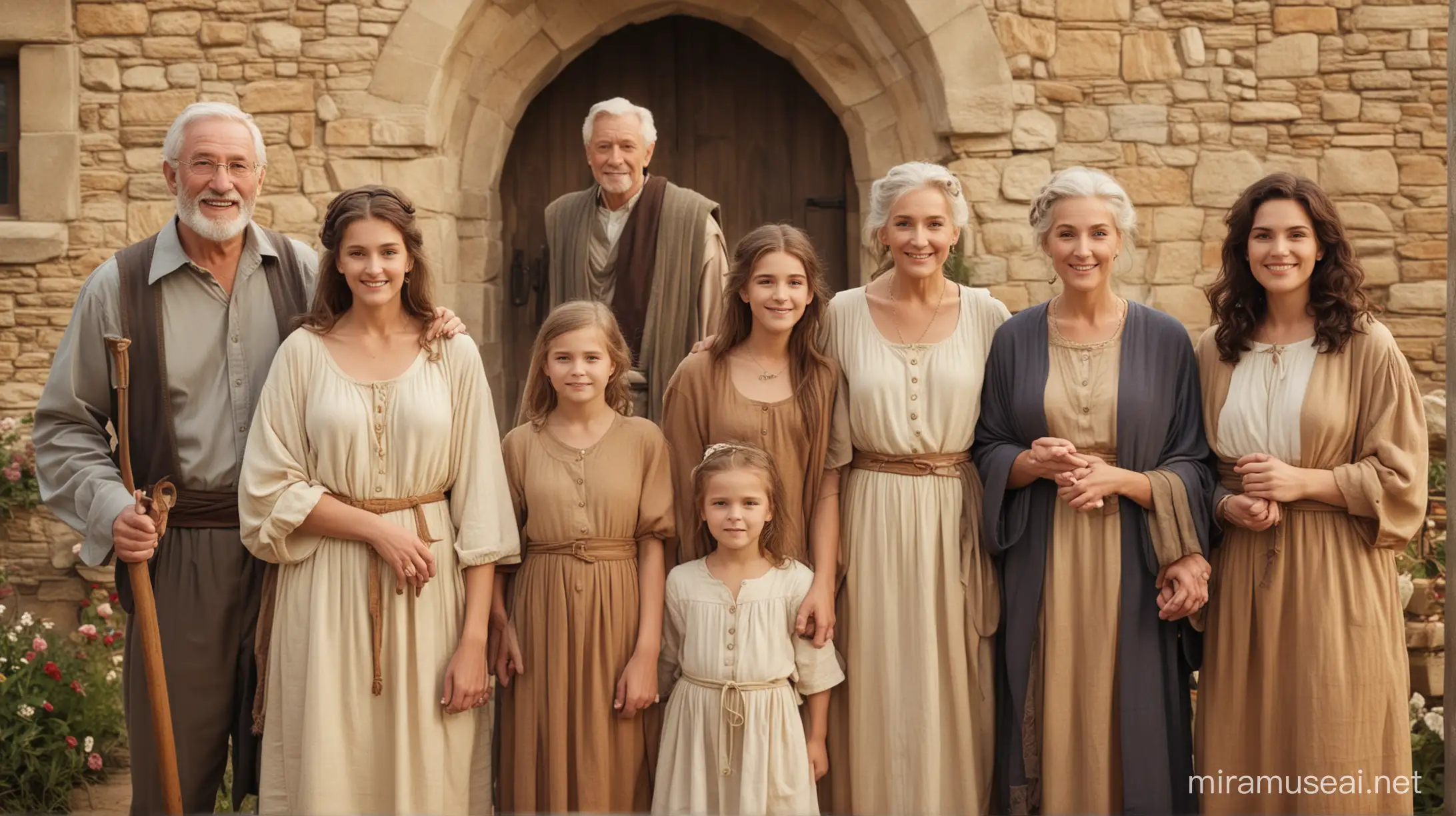 a family showing, grandparents, parents, sons and daughters, grown up children, set in biblical times,