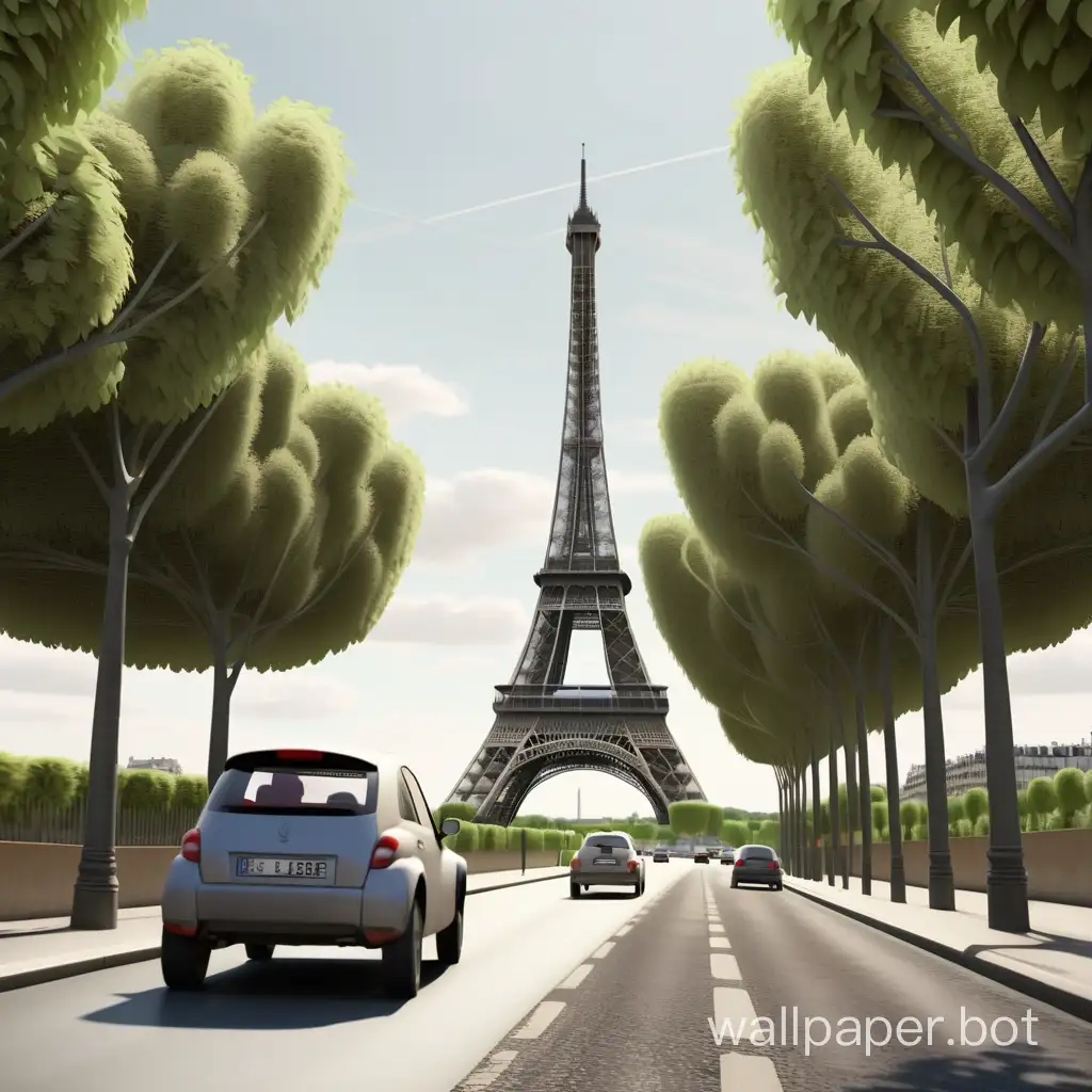 Road, a car is driving, in the distance, the Eiffel Tower on the background, a sign saying Paris, round trees