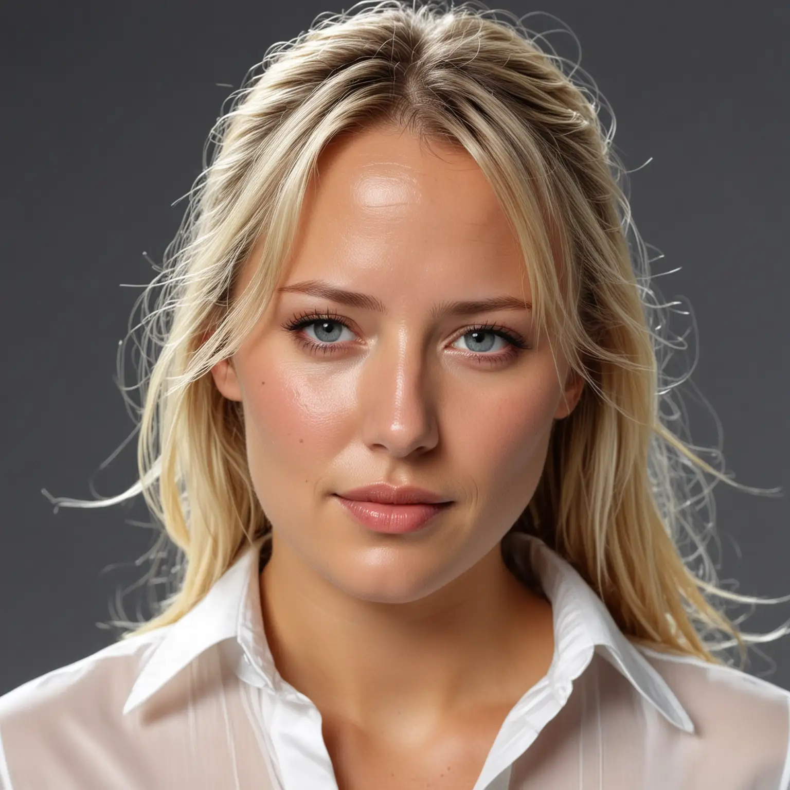 Alluring and Submissive Marion Marchal Le Pen ID Photo in Wet Silky White Shirt