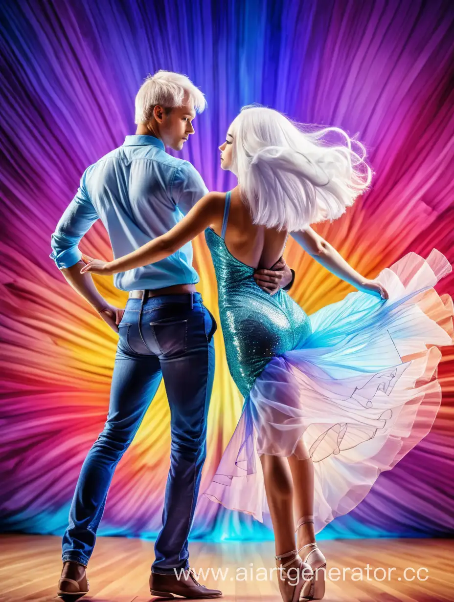 Танец молодой девушки с белыми волосами и красивом цветном облегающем-сексуальном платье и парня со светло русыми волосами на красивом фоне
