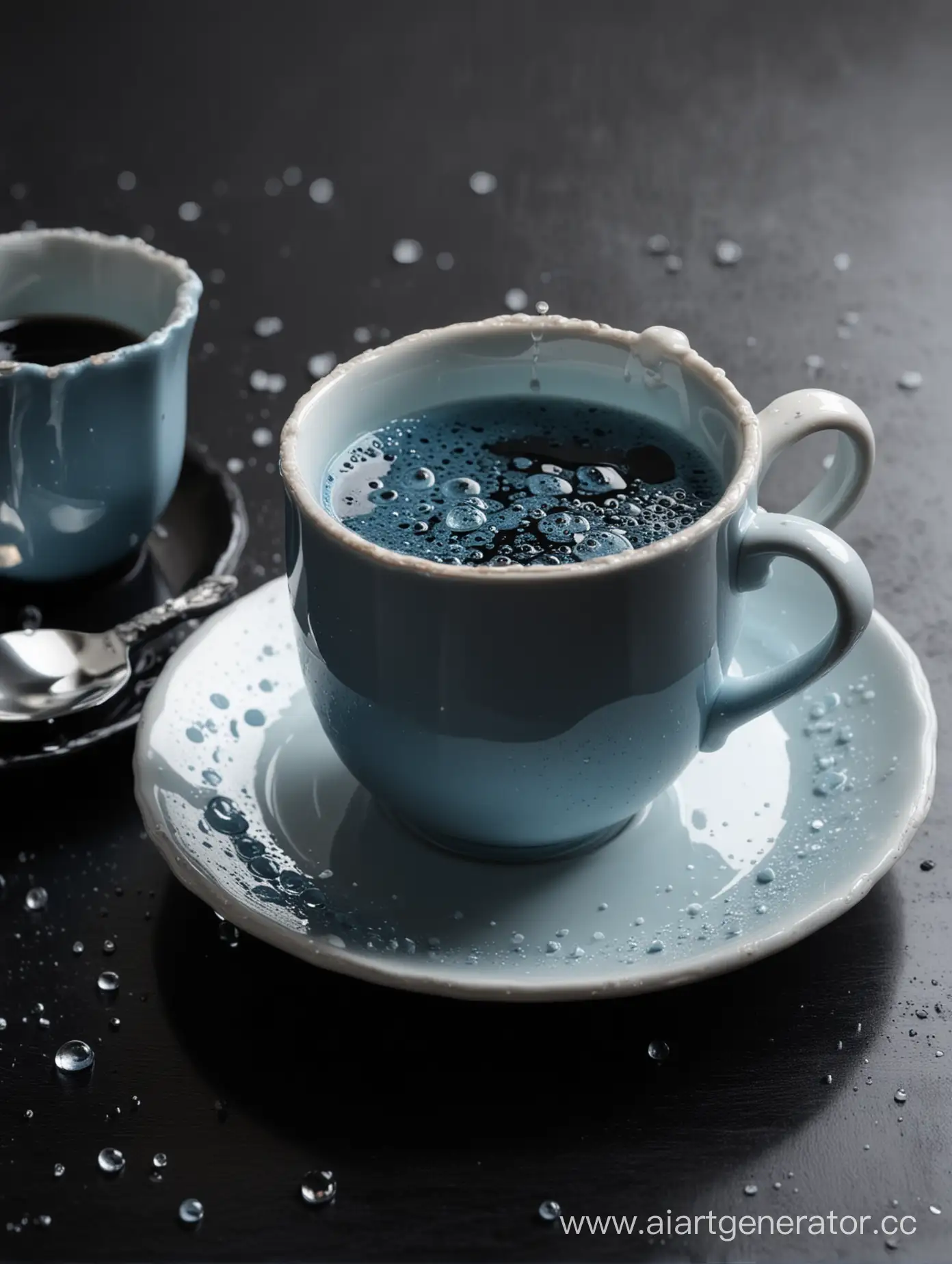 фарфоровая антикварная синяя чашка кофе на чёрном лакированном столе. стол и чашка с чёрным кофе {{полупрозрачная белёсая густая жидкость плавает в чёрном кофе, стекает по стенкам чашки в блюдце}} забрызгано растекающимся разного размера каплями белёсой полупрозрачной густой жидкости. Крупным планом ракурс  немного сбоку и чуть сверху