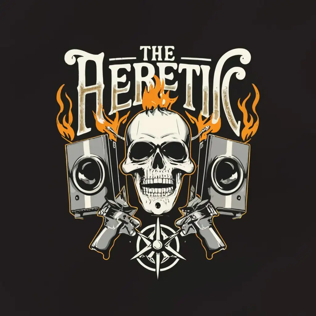 a logo design,with the text "The heretic", main symbol:Logo Symbol: pistol,fire,skull,chalice,piano,speakers,microphone,Moderate,be used in Entertainment industry,clear background