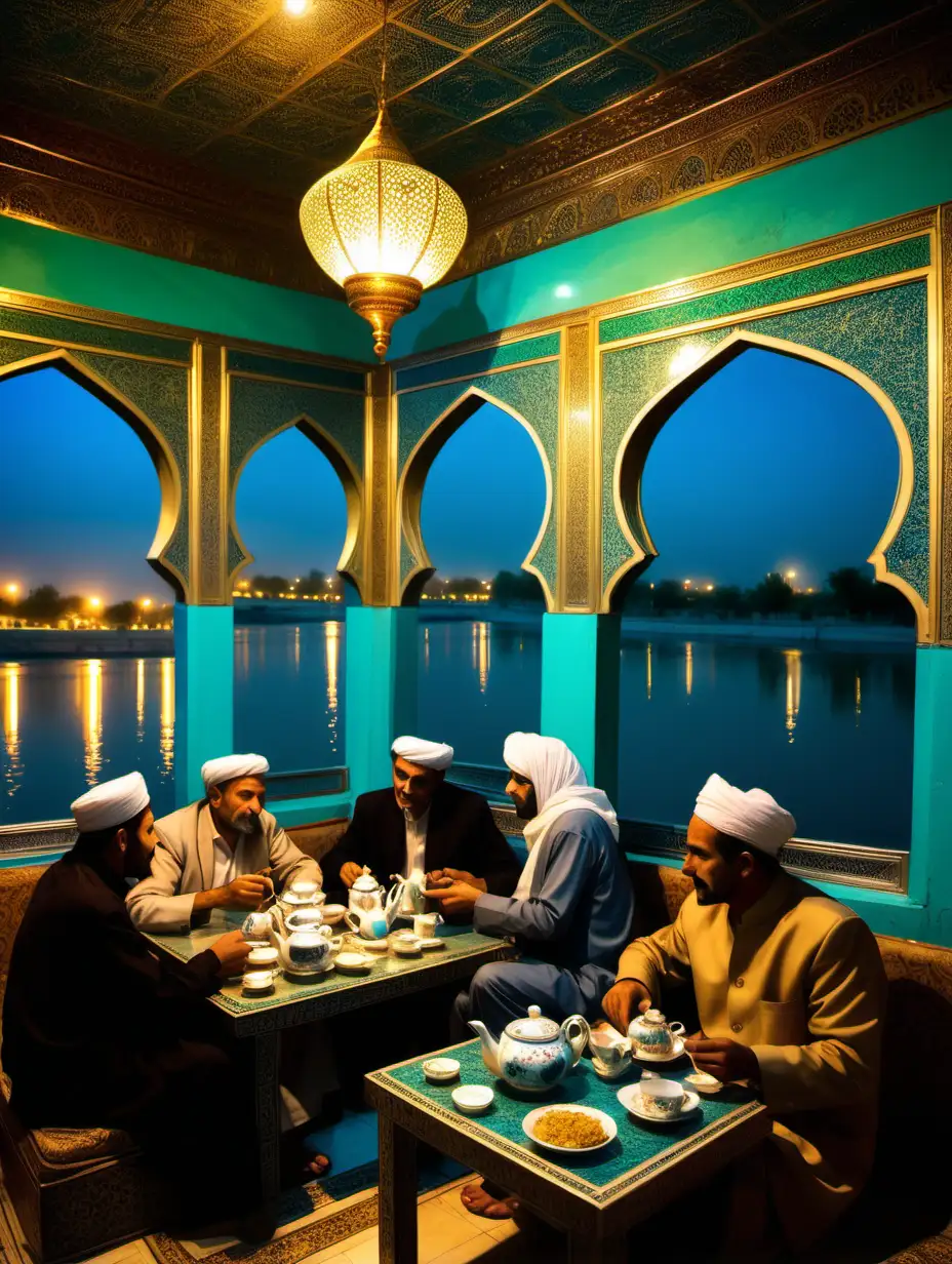 golden age of baghdad, popular tea house by the tigris river, vast interior, men and women are enjoying tea and discussing ideas. it is night time and vibrant, the area is clean and rich, highlight light blues and teals