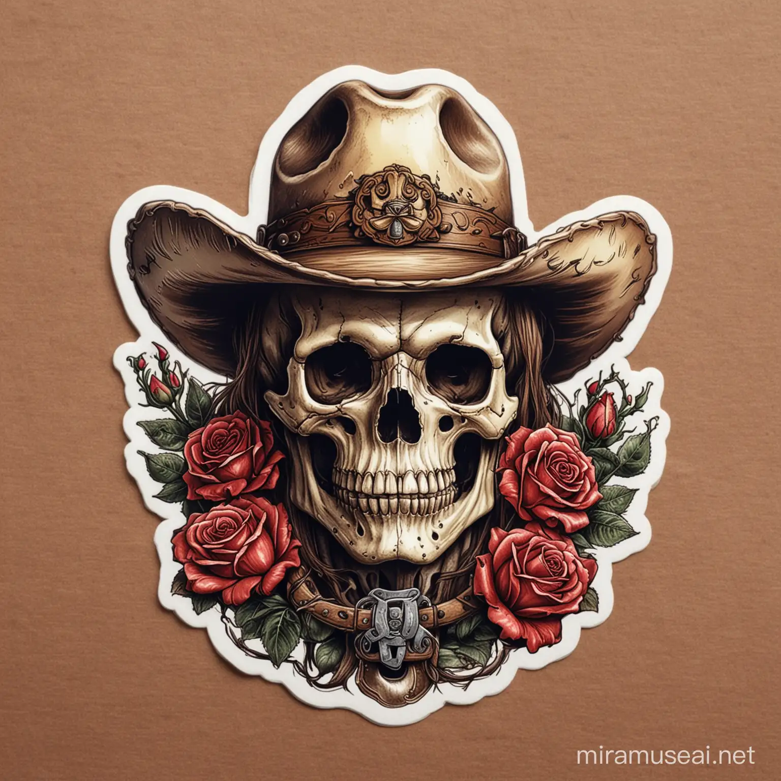 A higher quality illustration sticker of Cowboy Skull head , decorated with roses 