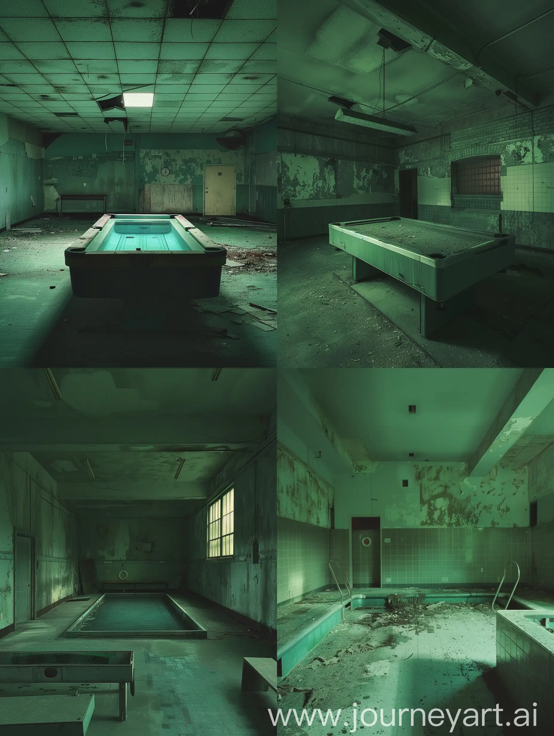 Early 2000s found footage, empty and eerie pool room, muted green tones