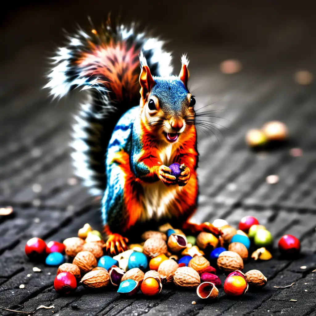 Vibrant Squirrel Collecting an Abundance of Nuts in a Playful Display of Colors