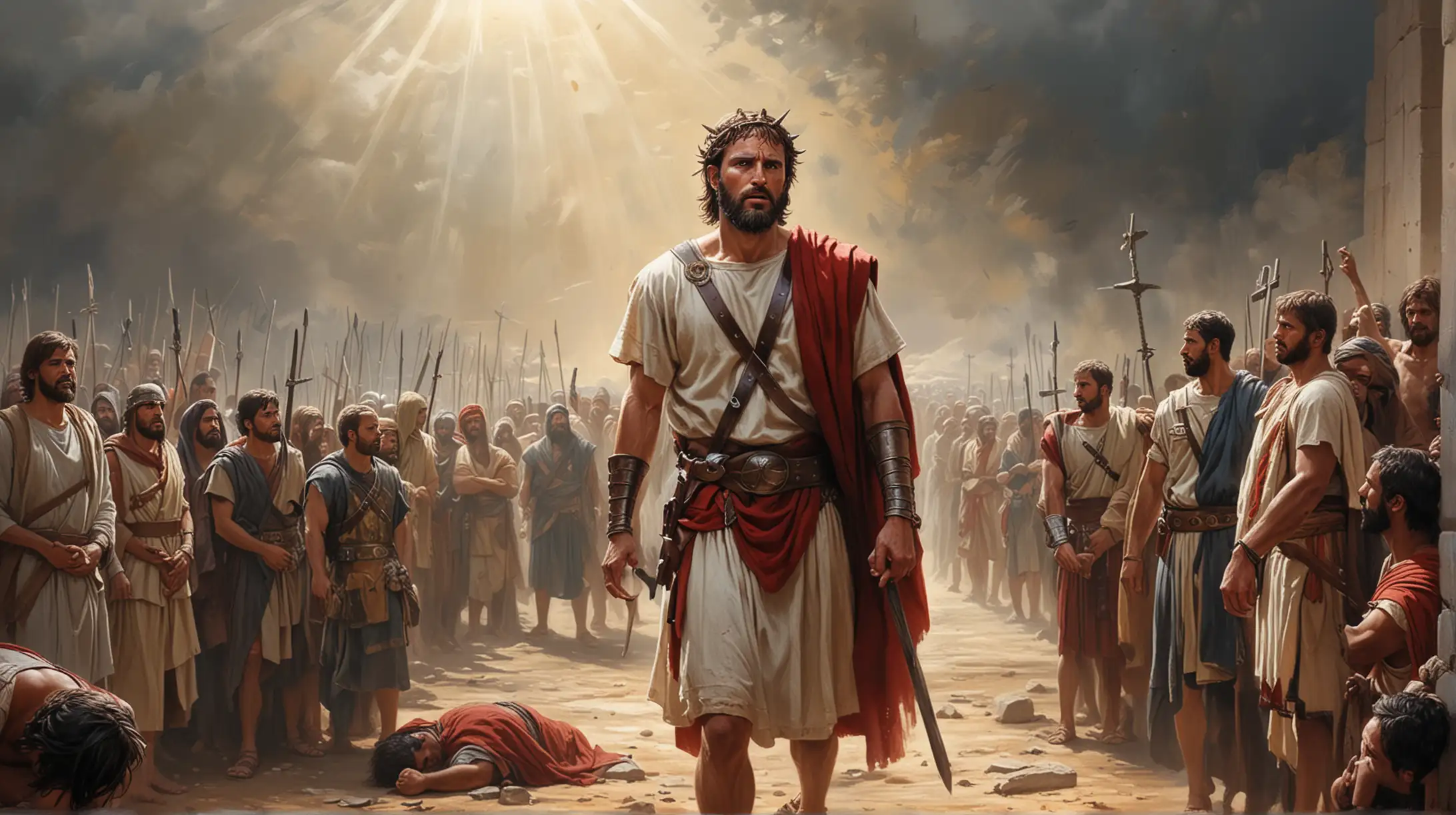 An impactful illustration depicting the Centurion's realization of Jesus' innocence amidst the injustice of his arrest, trial, and crucifixion, with emphasis on Jesus' bold affirmation of his identity as the Son of God, as recorded in Matthew 26:62-64.