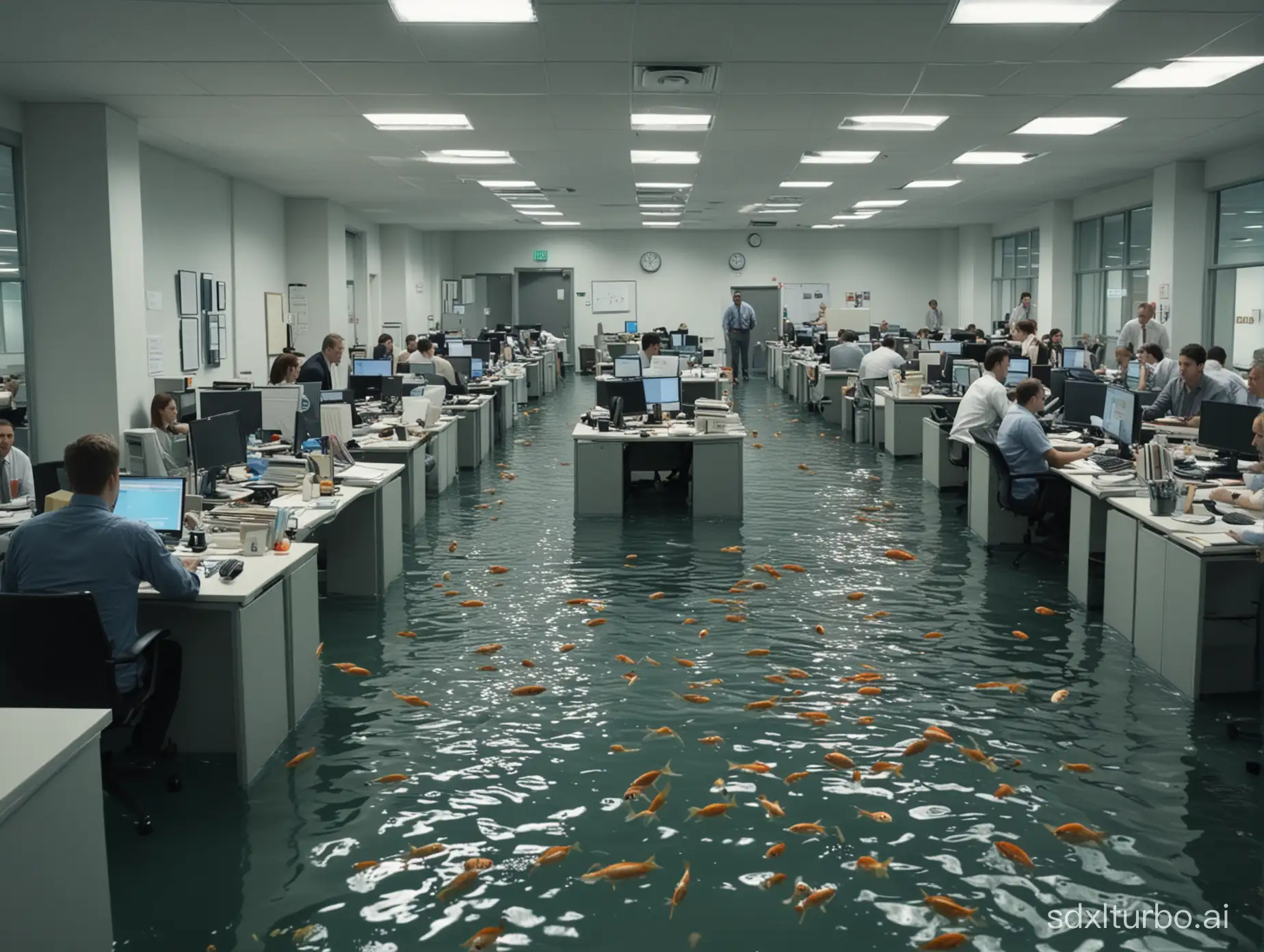 In the office, many employees work expressionlessly, fish swim past people, head-on, fish pass in front of people, 8k, high details, HDR --ar 3:4 --q 2 --v 5 --s 750