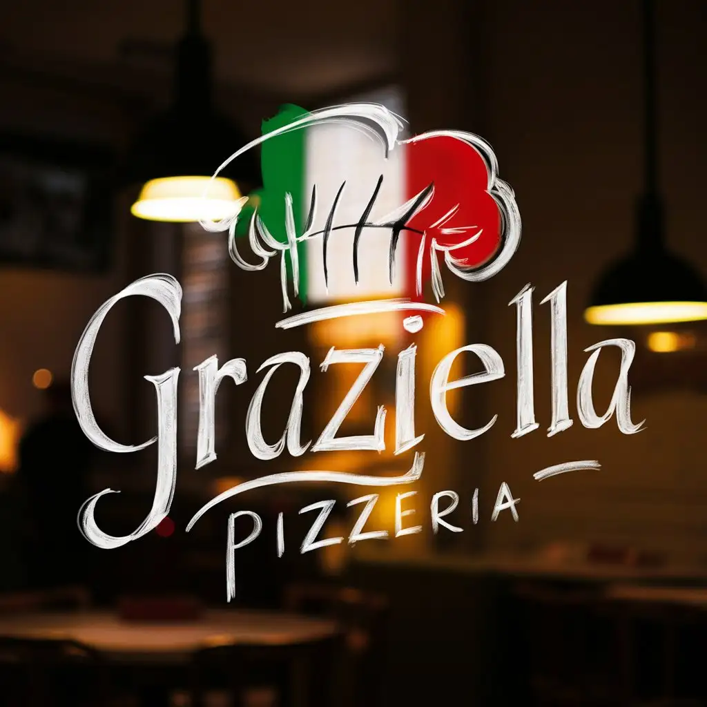 Handwriting Graziella Pizzeria logo with Italian colors, Quote Slice of Italy, chef hat sketched, Elegant typography, Heartwarming Atmosphere, Dim light