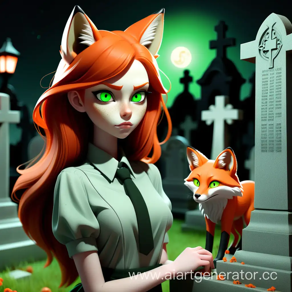 девушка получеловек полулиса 
рыжие волосы
зеленые глаза
на фоне кладбища ночью
одежда в оранжевом стиле