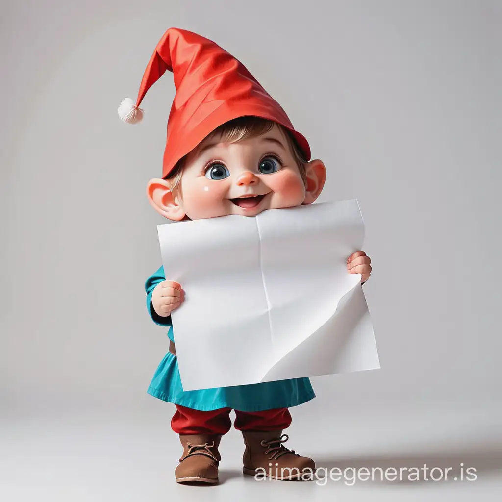 cute kid gnome with a sheet of paper in hands