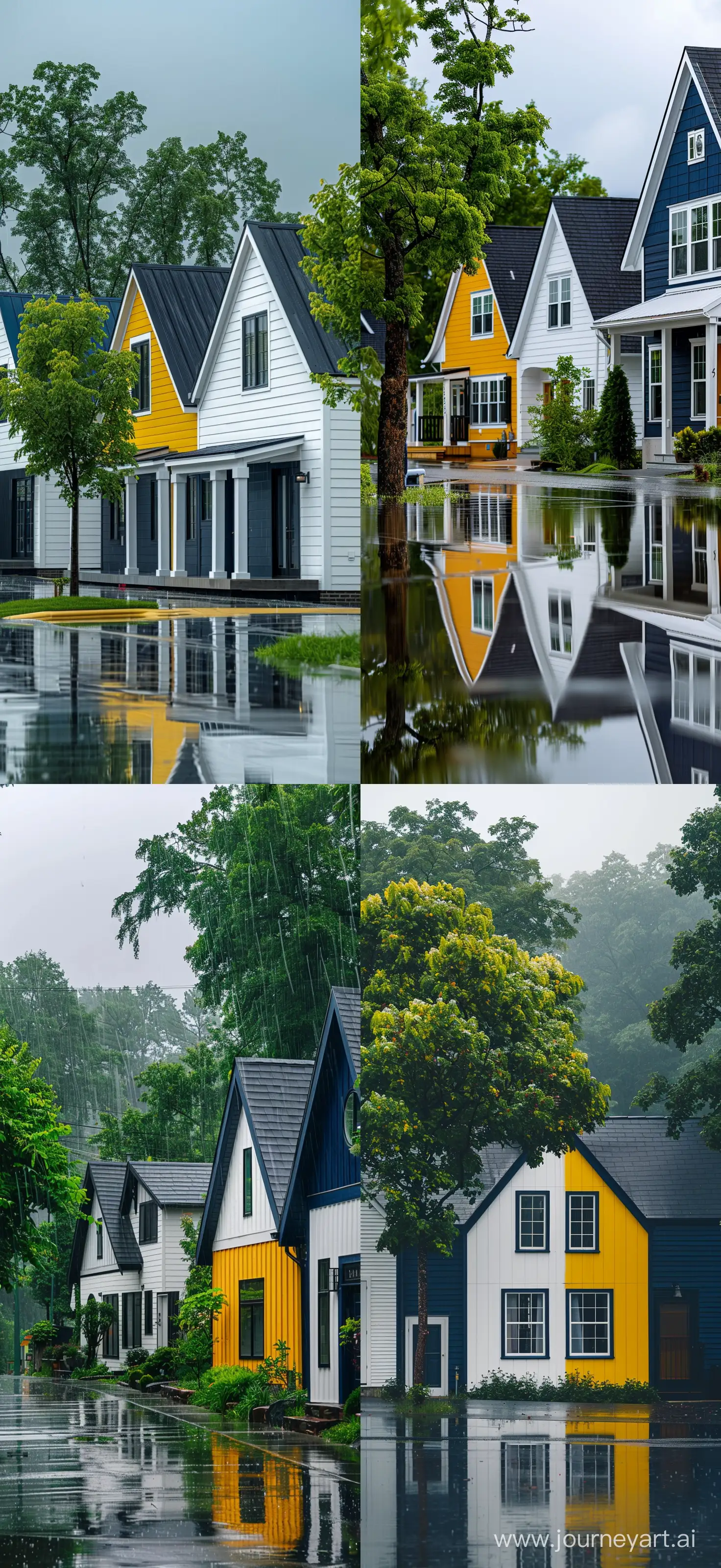 Photography From White & Navy Blue & Yellow Modern Gable Houses in Usa, Green Tree, Rainy Day, Deep Mood, Dreamy Theme, High Quality --v 6.0 --s 200 --ar 6:13