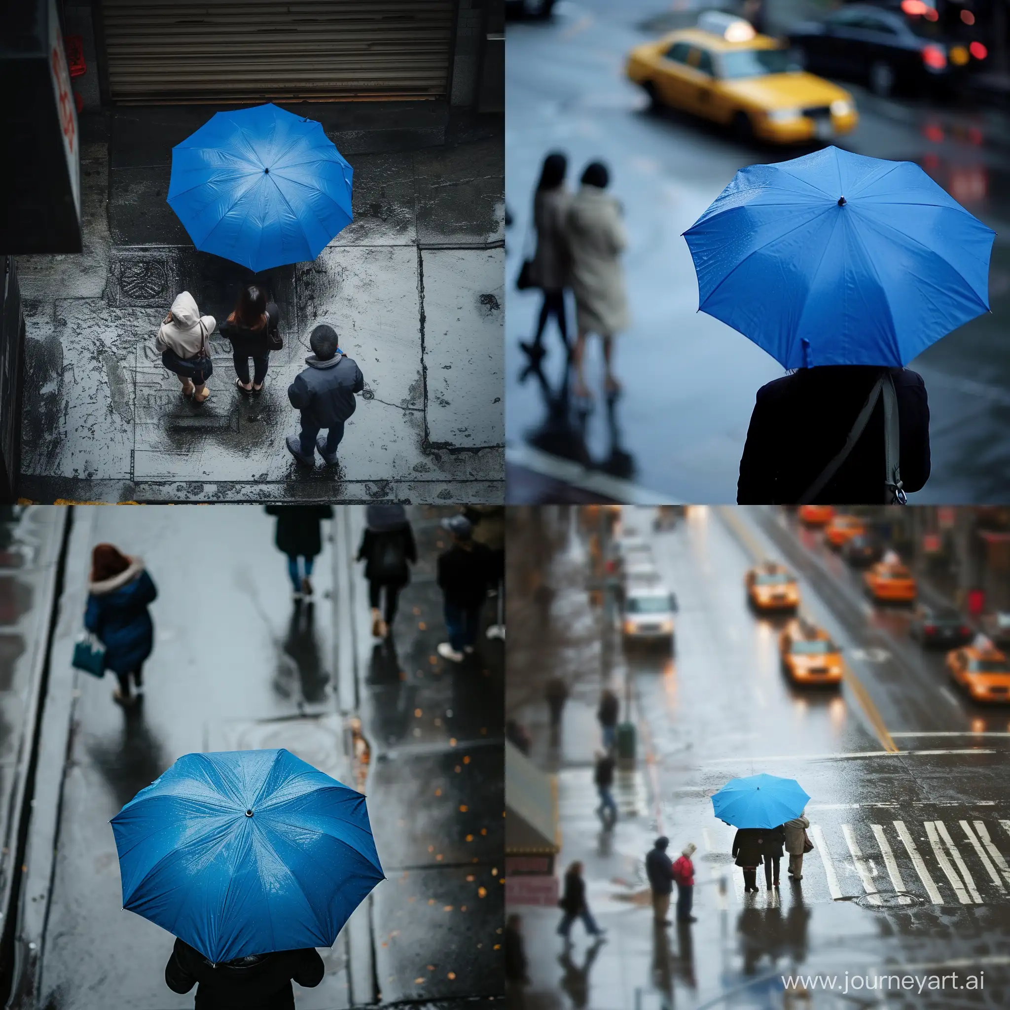 people under a blue umbrella on the street from afar