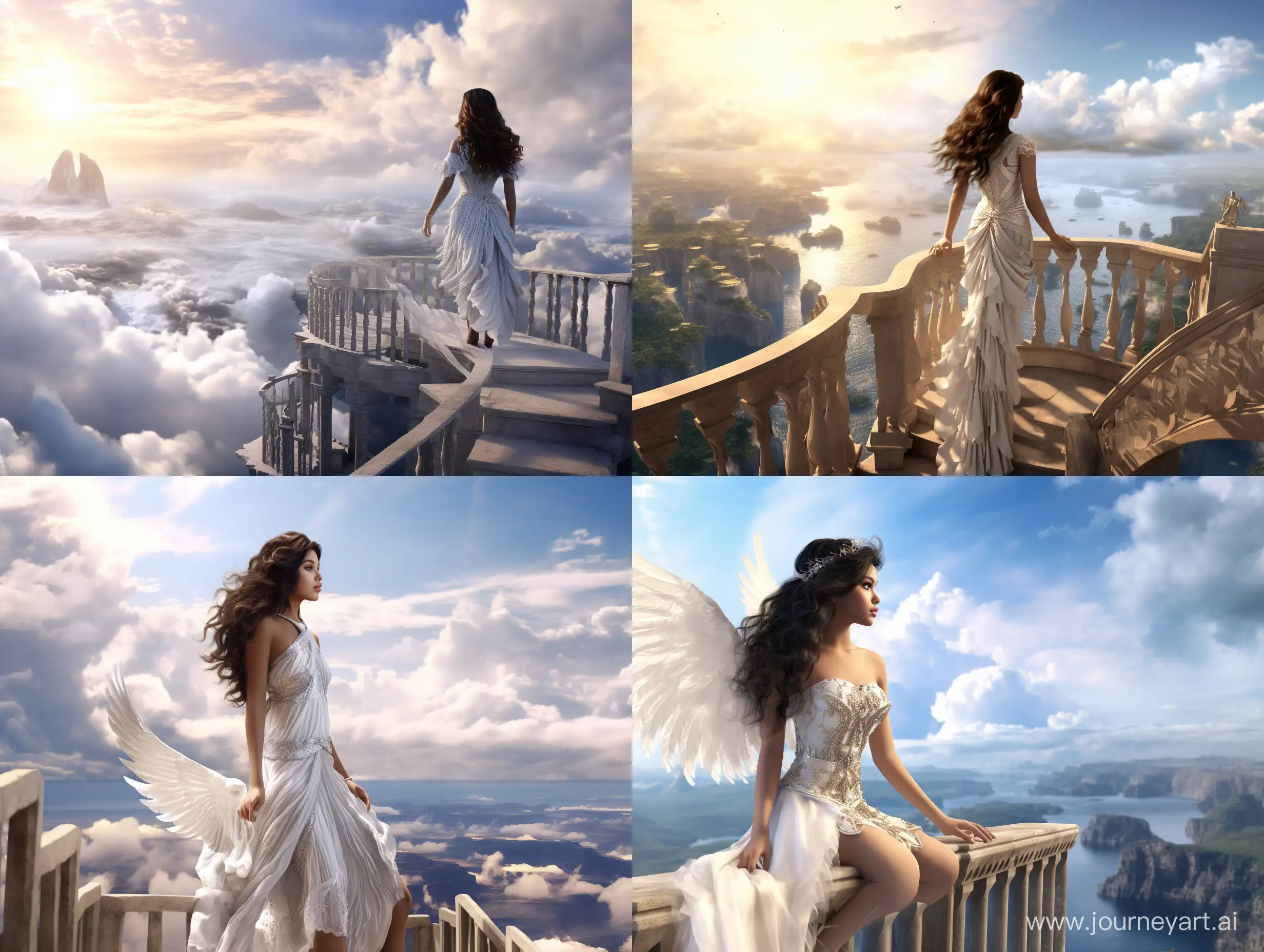 Selena Gomez, dressed in angelic attire, stands on a balcony overlooking a celestial landscape that is sparse and open, with structures made of clouds scattered widely apart. The scene is lit with a bright, cinematic style, emphasizing the open, airy nature of the heavenly environment. The background features vast expanses of sky and a few distant angels, creating a sense of tranquility and spaciousness. The woman gazes thoughtfully into the distance, embodying a sense of introspection and calm.