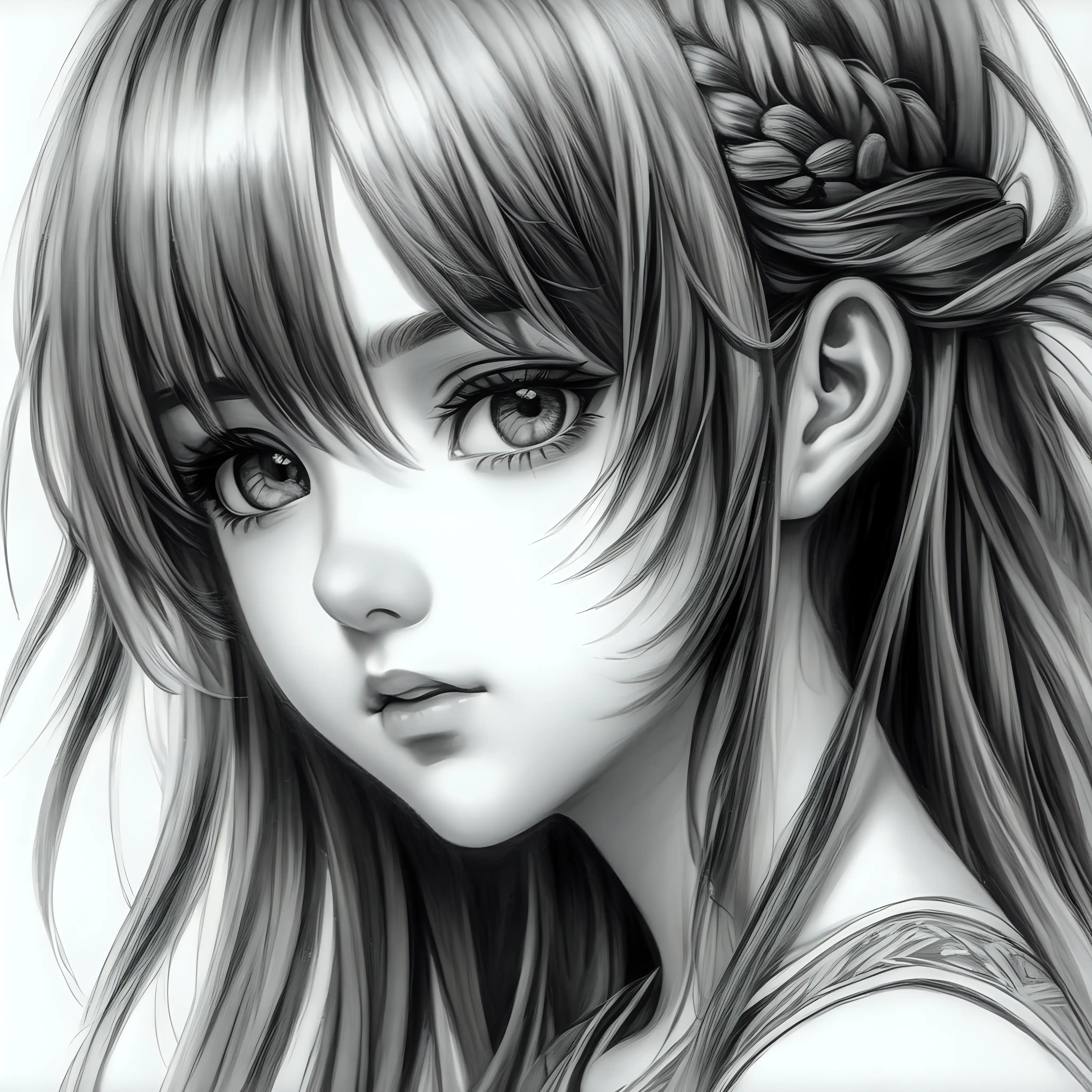 Charcoal Portrait of a Beautiful Anime Girl with Delicate Features and Expressive Eyes