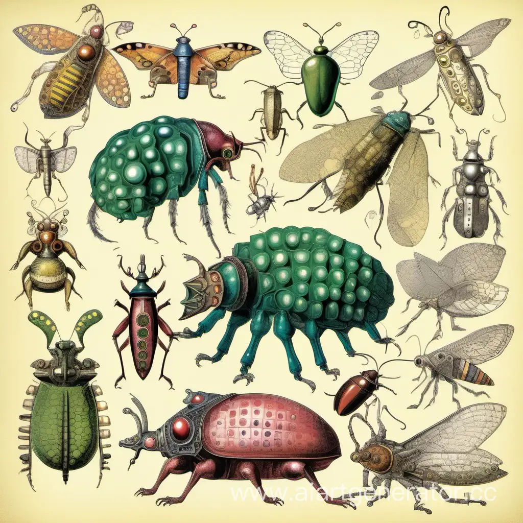 fantastic devices and mechanisms, hybrids of animals and insects from Codex Seraphinianus, botanical herbarium, retro colors ink drawing in the style of Luigi Serafini