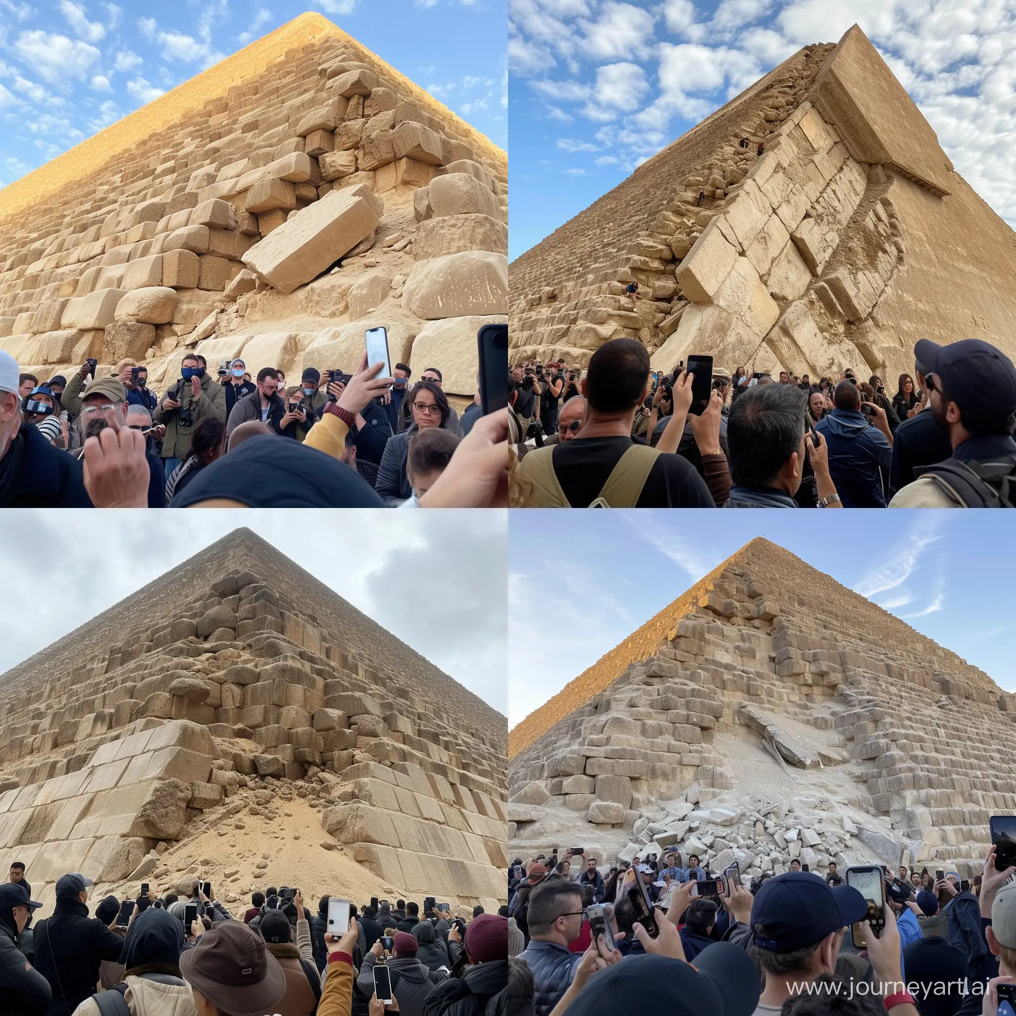 Часть пирамиды хеопса отвалилась и валяется внизу, люди стоят в шоке и все снимают это на телефон, реалистично