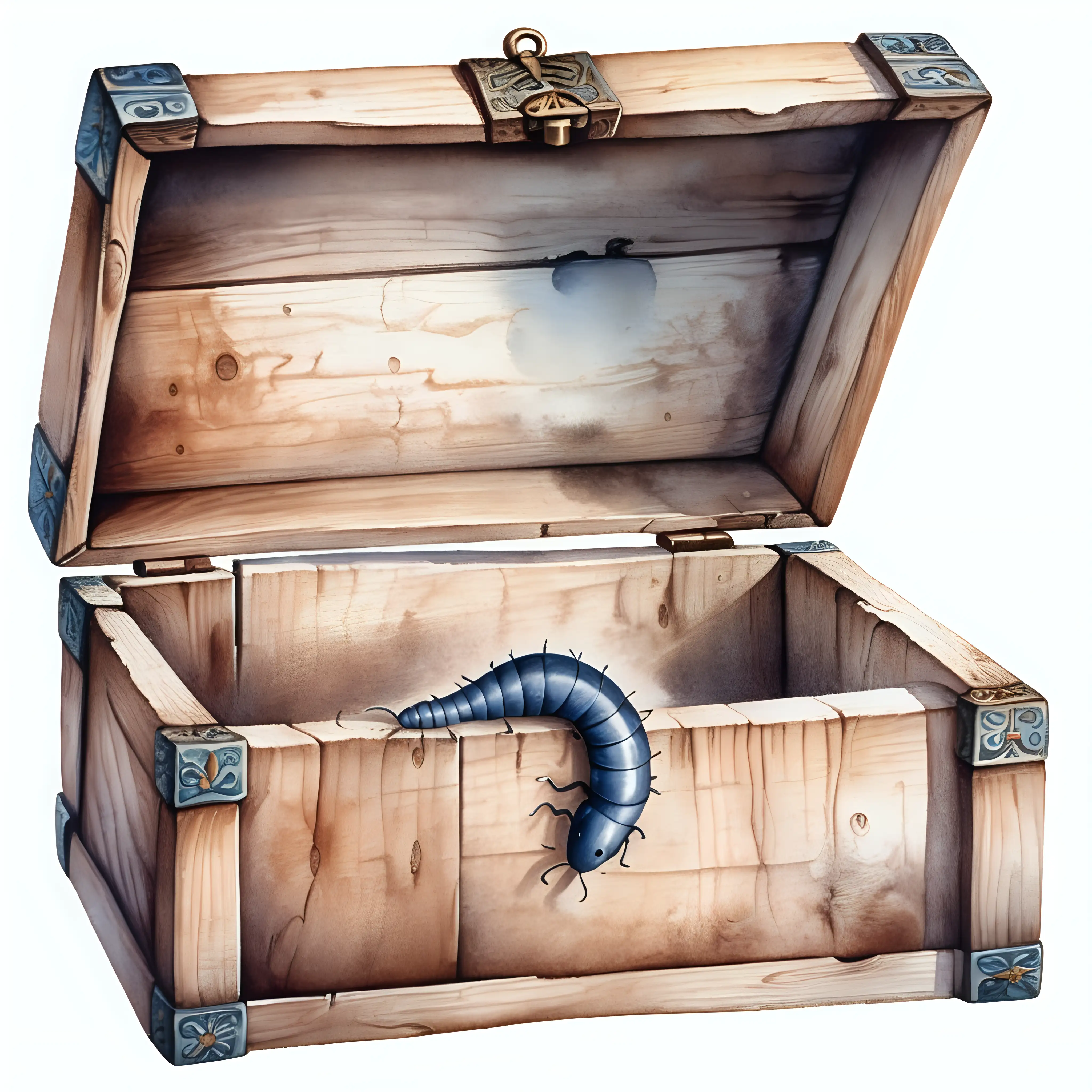looking inside a medieval wooden box with a small worm inside, dark watercolor drawing, no background