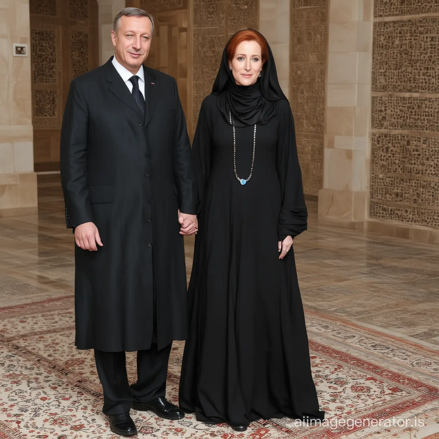 red haired Gillian Anderson with President Erdogan, he asked Gillian to dress accordingly to his Muslim faith and wear a floor-length black abaya with long black hijab and stand demurely beside him as  his newlywed devoted loving wife