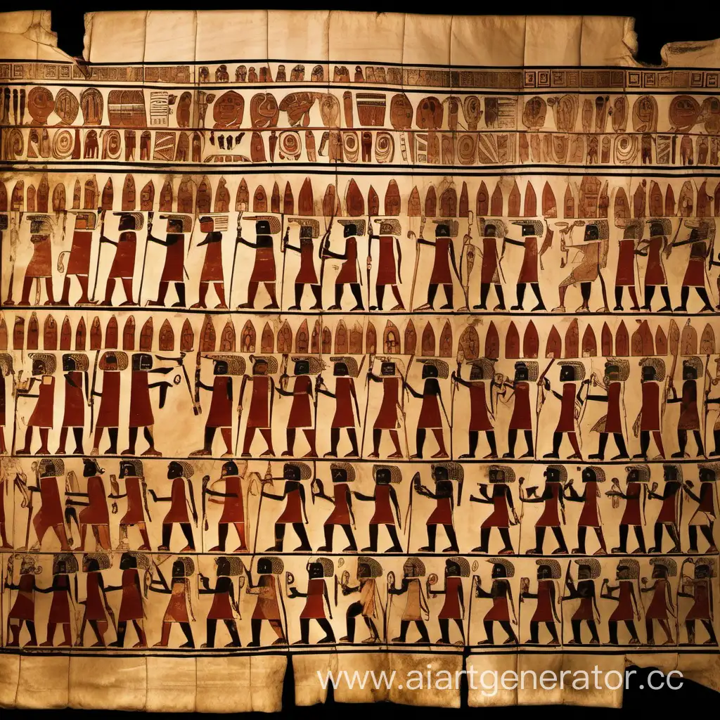 Древний африканский свиток, на котором изображены воинствующие ацтеки с каменными великанами, покоряющие Африку
