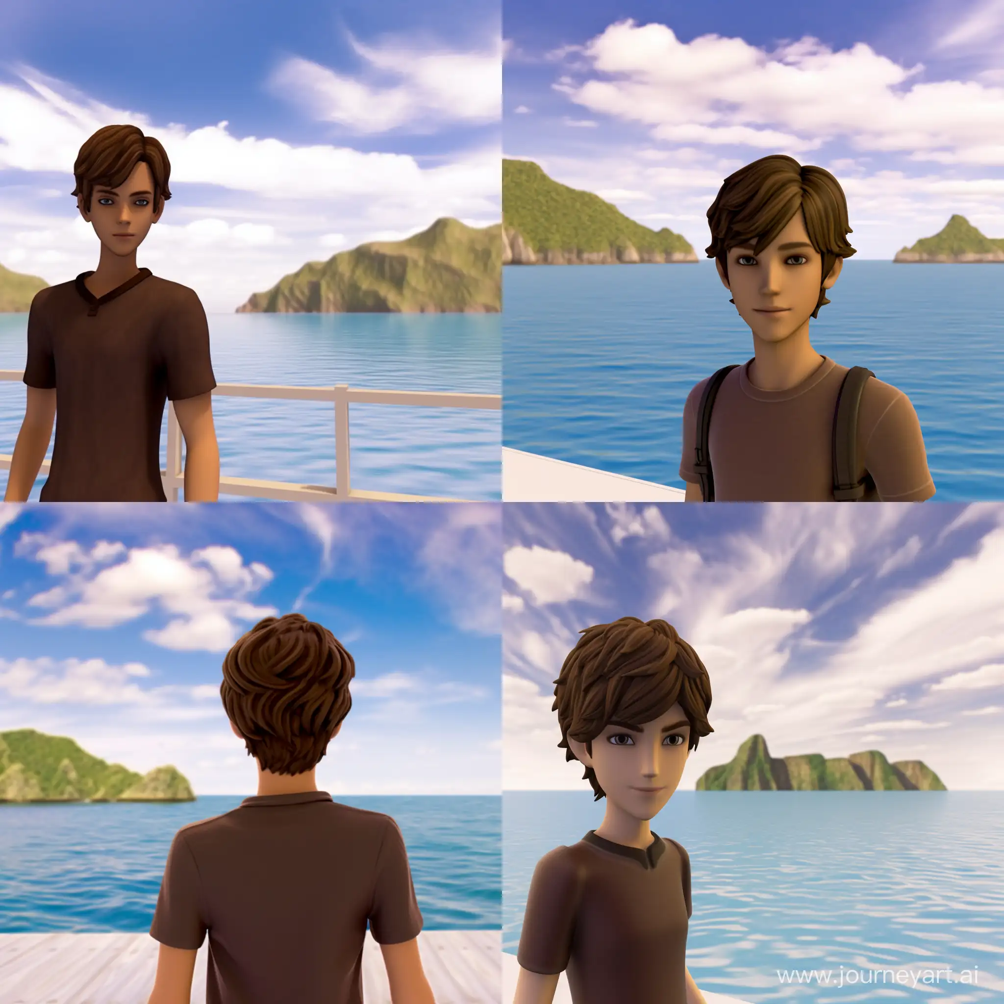 A photo of a young man with bright brown short hair with his back facing the camera, carribean blue water and bright sky in the background, photorealistic, very detailled, realistic camera quality flaws, real life camera quality