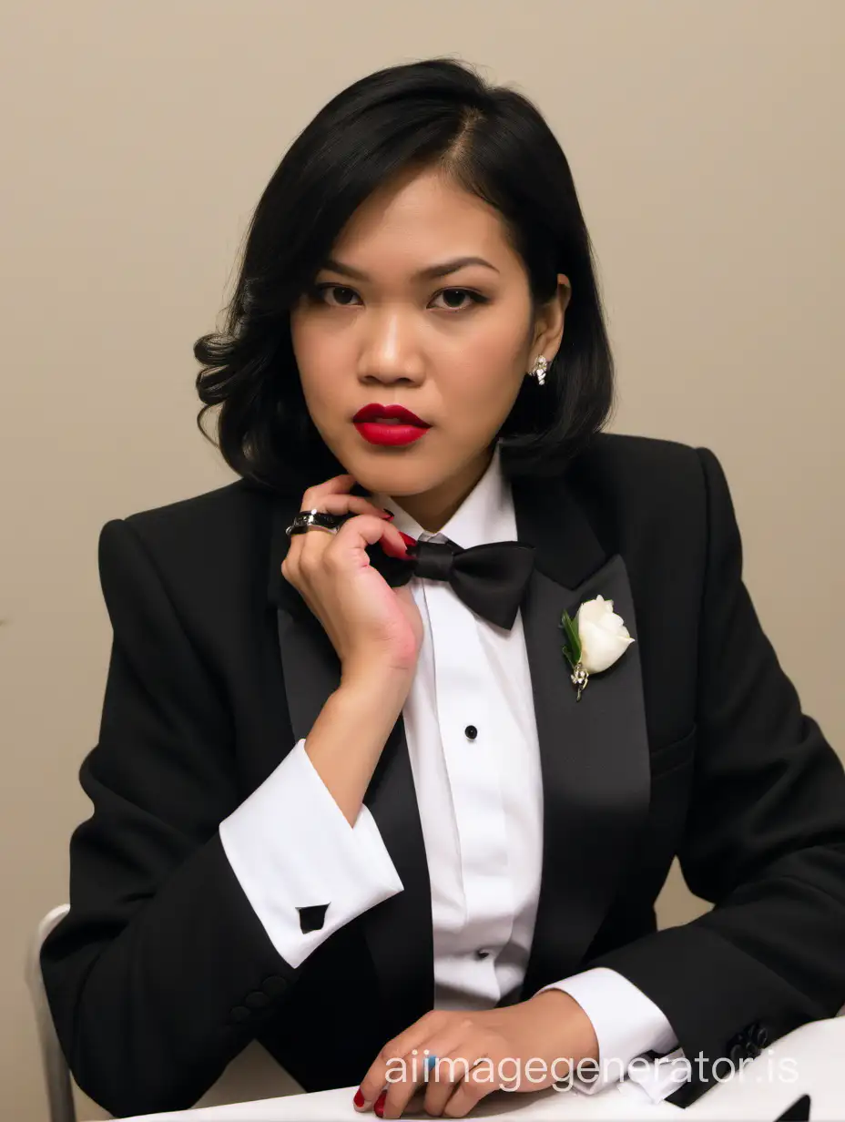 The image is of photographic quality.  A filipino woman with shoulder length hair and lipstick is seated at a table.  She is wearing a black tuxedo jacket with a white shirt and a black bow tie.  The shirt cuffs have cufflinks.  She is stern.  She has her hands under her chin.