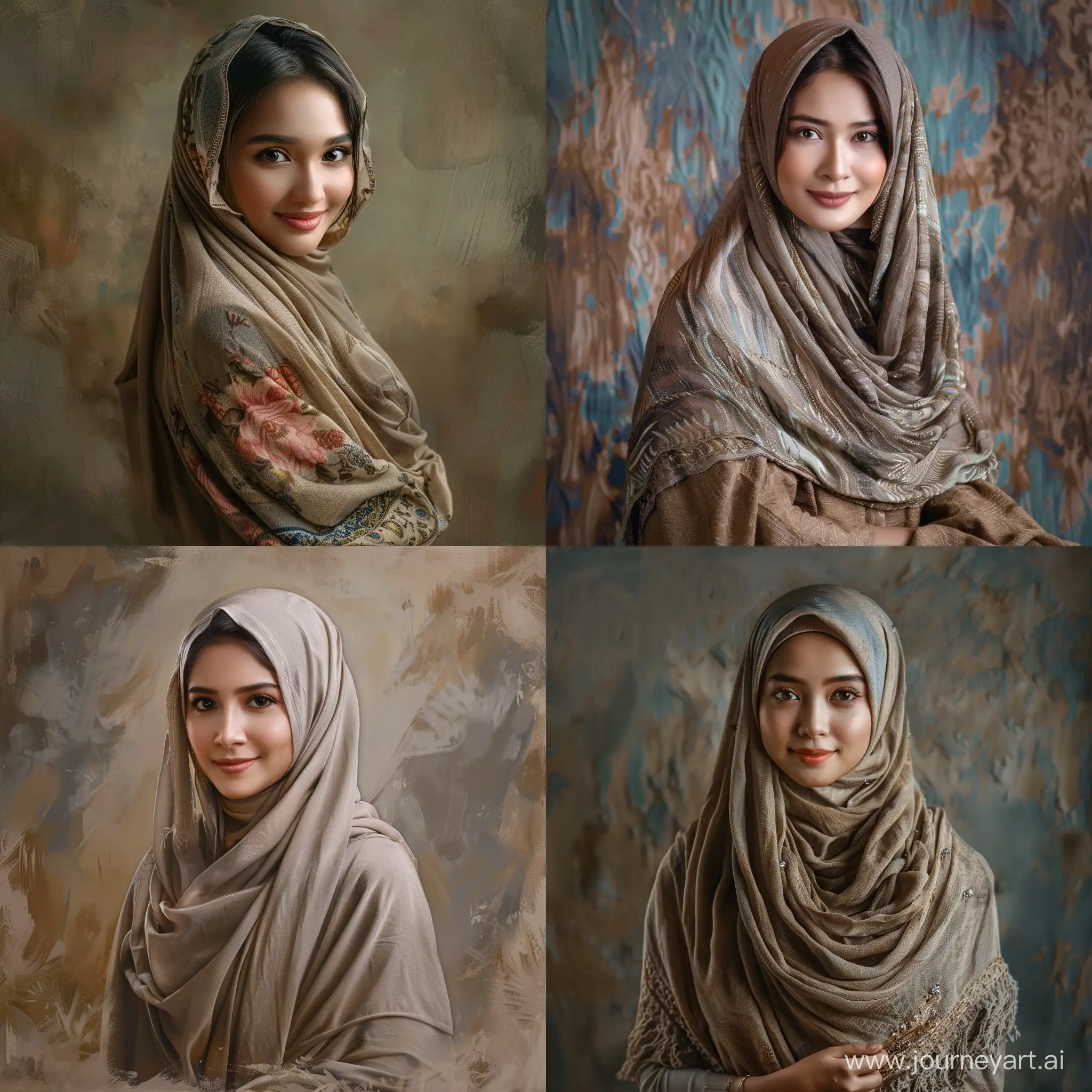 Create a stunning portrait of a stunning malay muslimah with gorgeous loosely dress, showcasing her elegant style and beauty. Pay close attention to the layers of her shawl and the overall composition against a contrasting backdrop. Ensure the lighting highlights her features and brings out the vibrancy of her bright eye and attractive smile. Capture her poised expression and youthful appearance with a sense of confidence and sophistication.