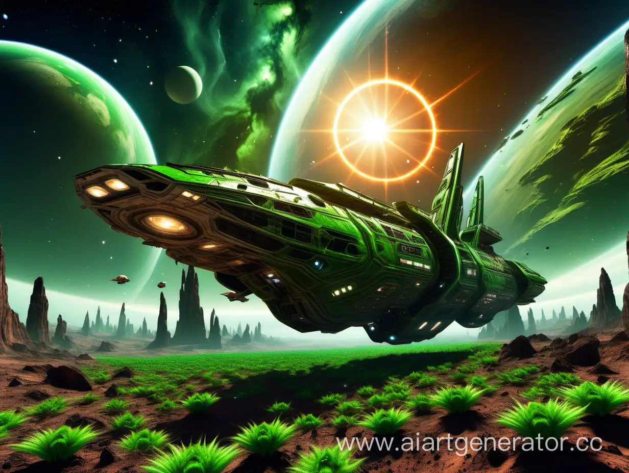 исследовательский звездолет на другой планете с необычной растительностью, восход двух солнц, много зелени на почве, летающие существа над кораблем, в небе видна туманность.