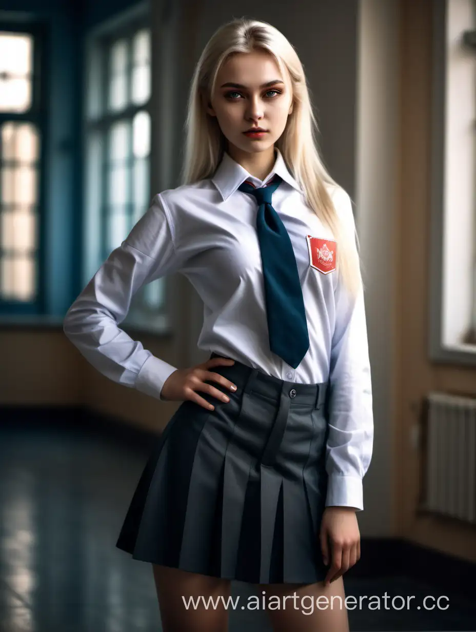 Photo of a beautiful russian model looking at camera, full body, wide shot, detailed skin, film photography, perfect body, realistic, sharp focus, very detailed, 4K HQ, depth of field, f/1.2, Leica, 8K HDR, High contrast, shadows, bokeh, platinum blonde hair, school uniform