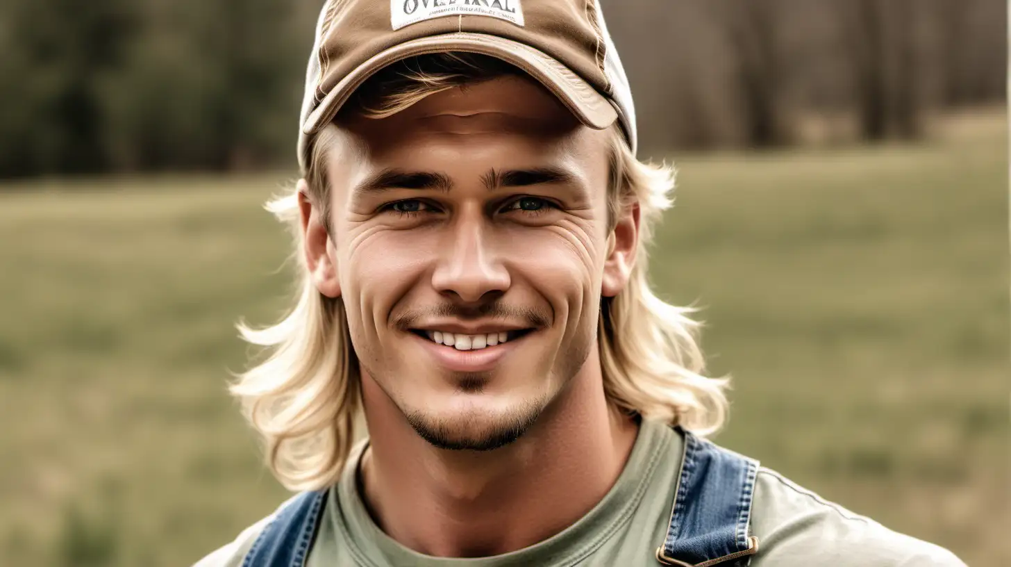 Smiling Country Man with Blond Mullet in Overalls and Cap