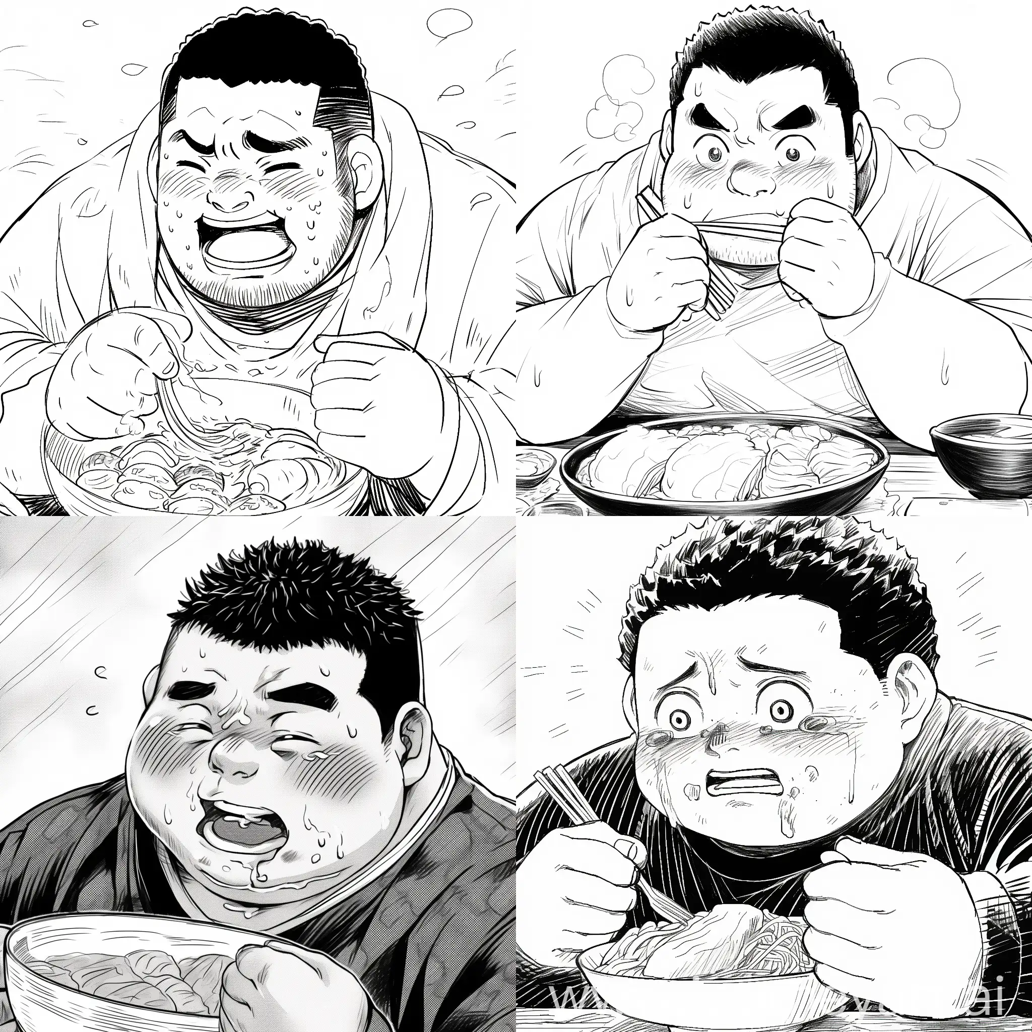 Gengoroh Tagame, eating ramen, at the moment crying sumo player, sweating, black and white, line art --niji 5