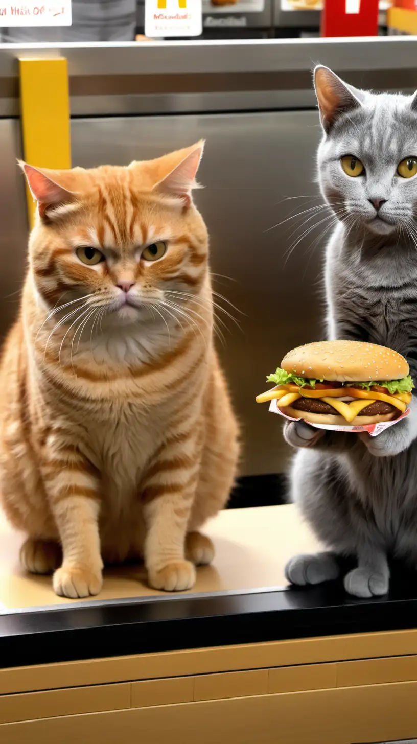 Толстый рыжий кот и маленький серый котенок покупают на кассе в Макдональдсе бургеры и картошку фри