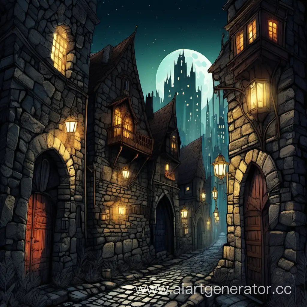 фэнтези ночной город с высокими зданиями и каменными стенами, узкими улочками
