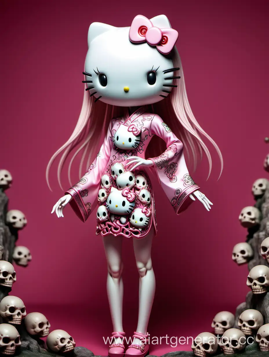 thin humanoid Hello Kitty with long legs, fair hair in detailed short pink Chinese dress with skulls ornaments, beautiful background 